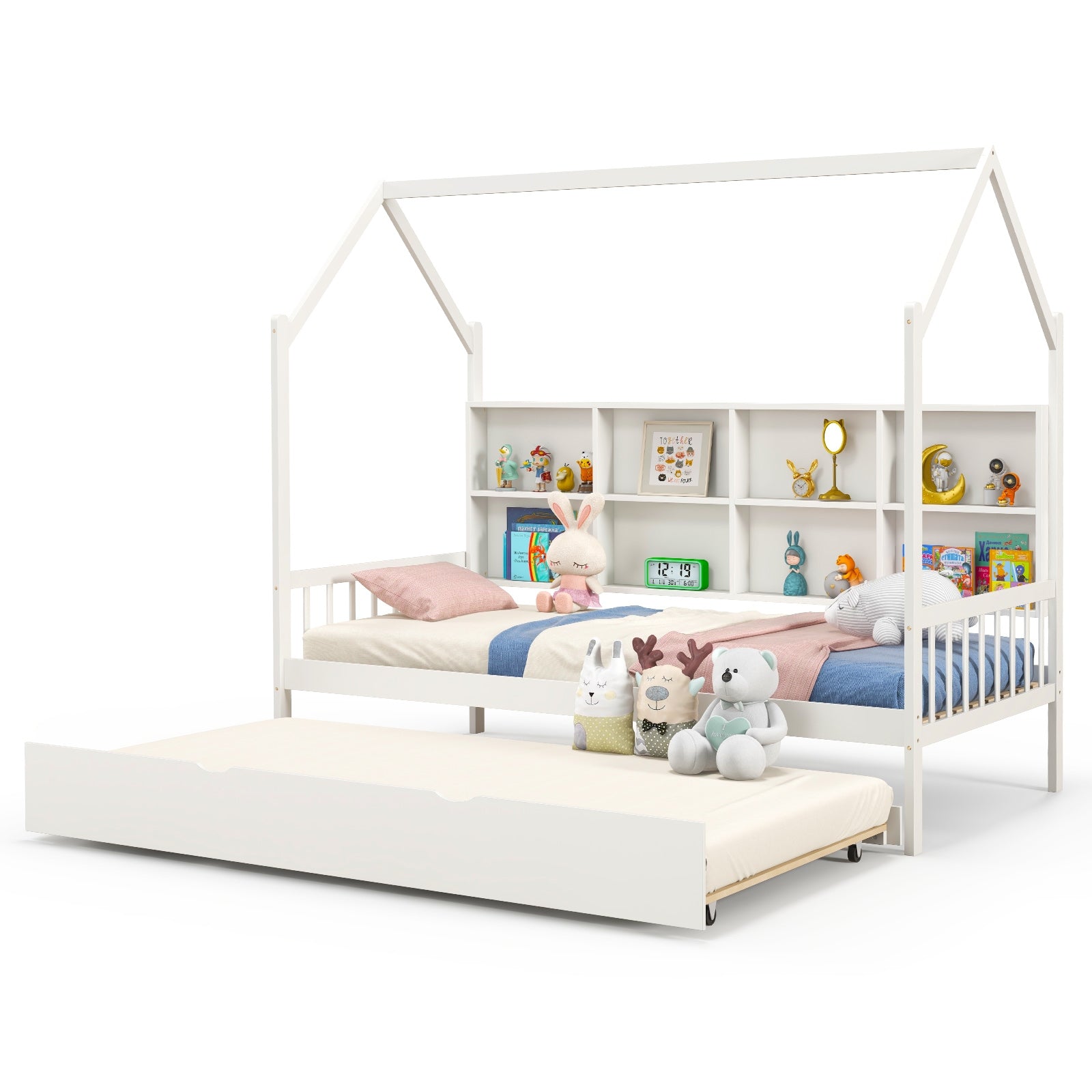 Twin Size Kids Montessori Daybed with Roof and Shelf Compartments, White Toddler Beds at Gallery Canada