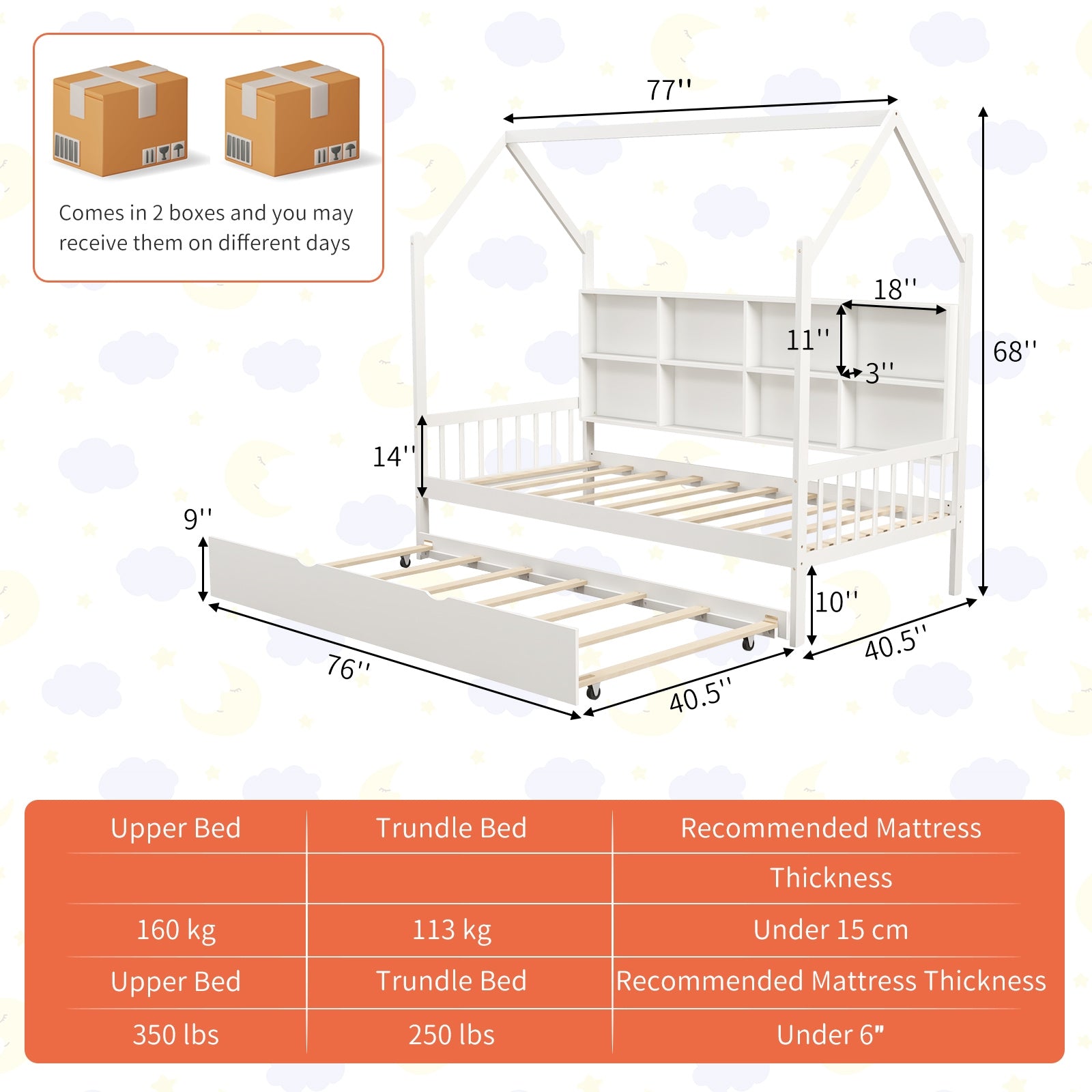 Twin Size Kids Montessori Daybed with Roof and Shelf Compartments, White Toddler Beds   at Gallery Canada