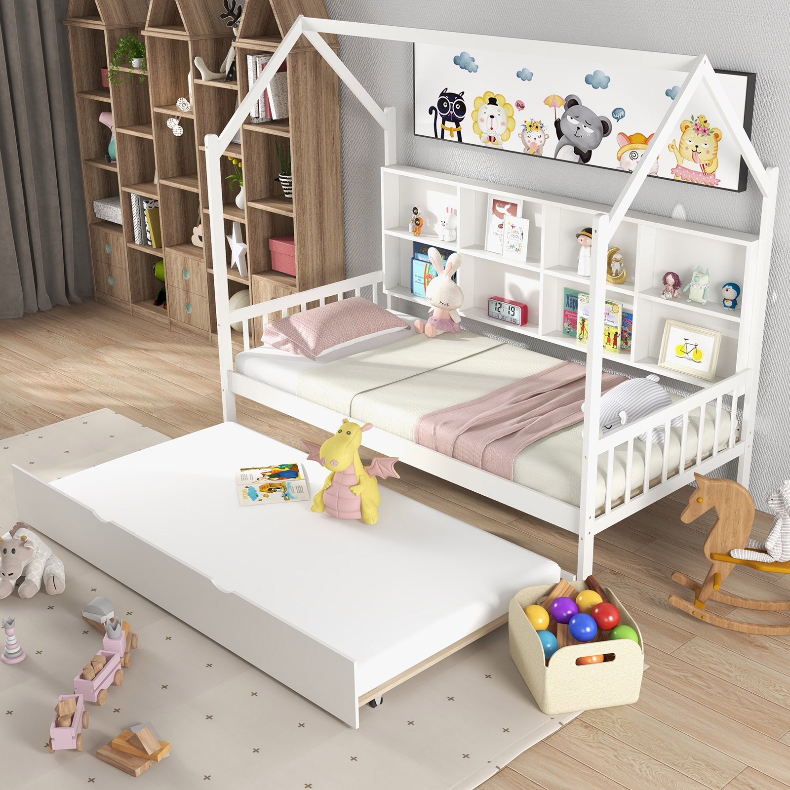 Twin Size Kids Montessori Daybed with Roof and Shelf Compartments, White Toddler Beds at Gallery Canada