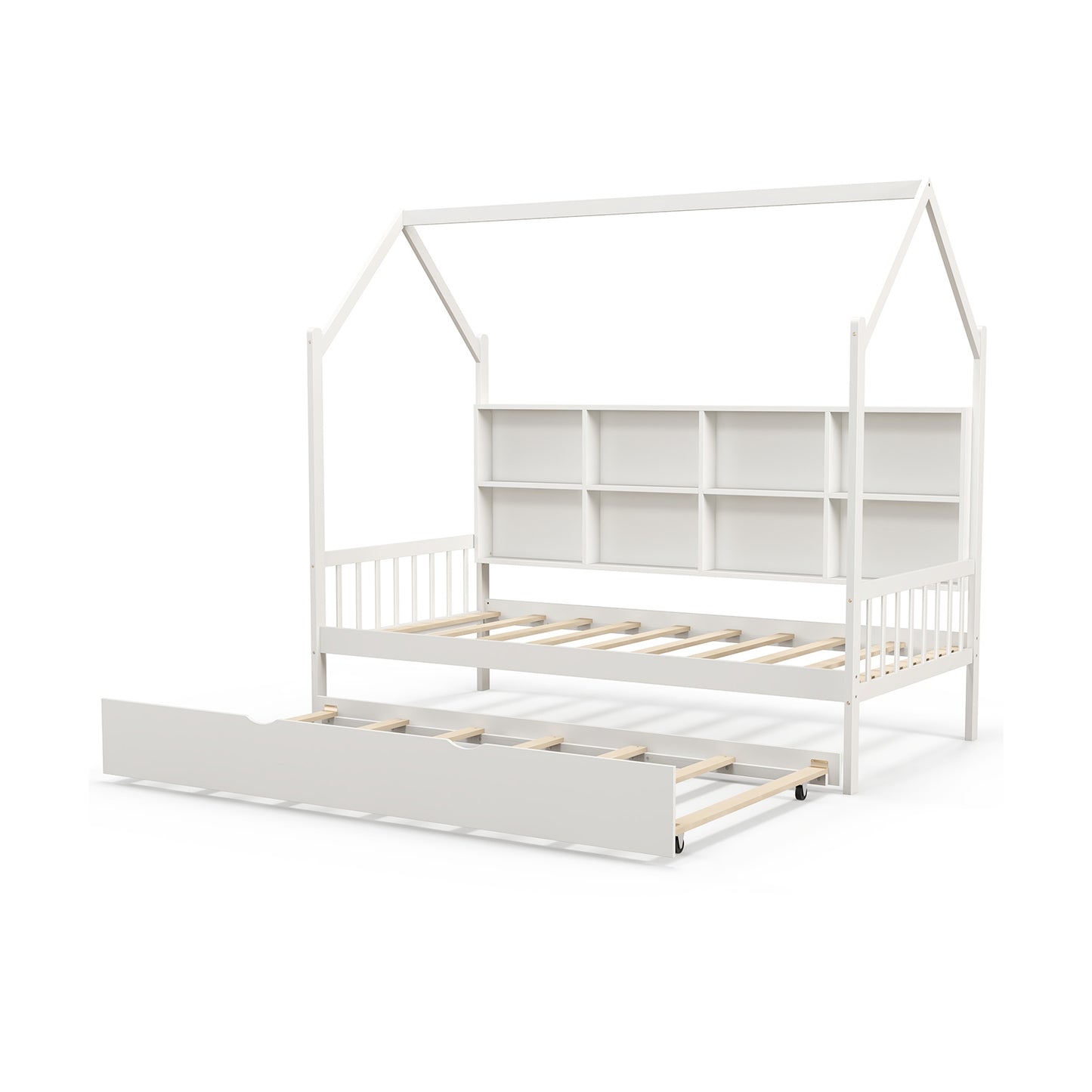 Twin Size Kids Montessori Daybed with Roof and Shelf Compartments, White Toddler Beds   at Gallery Canada