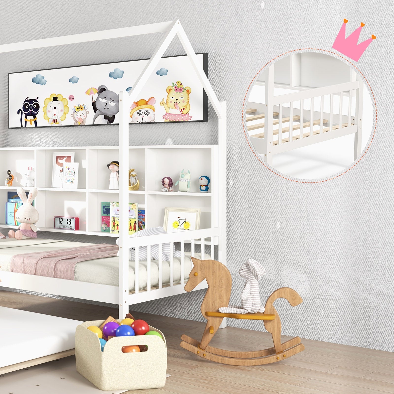 Twin Size Kids Montessori Daybed with Roof and Shelf Compartments, White Toddler Beds   at Gallery Canada