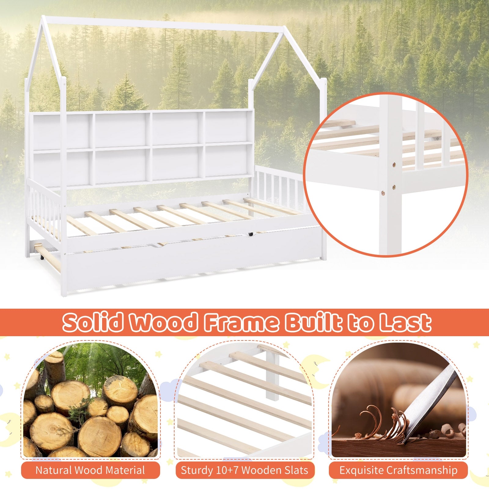 Twin Size Kids Montessori Daybed with Roof and Shelf Compartments, White Toddler Beds at Gallery Canada