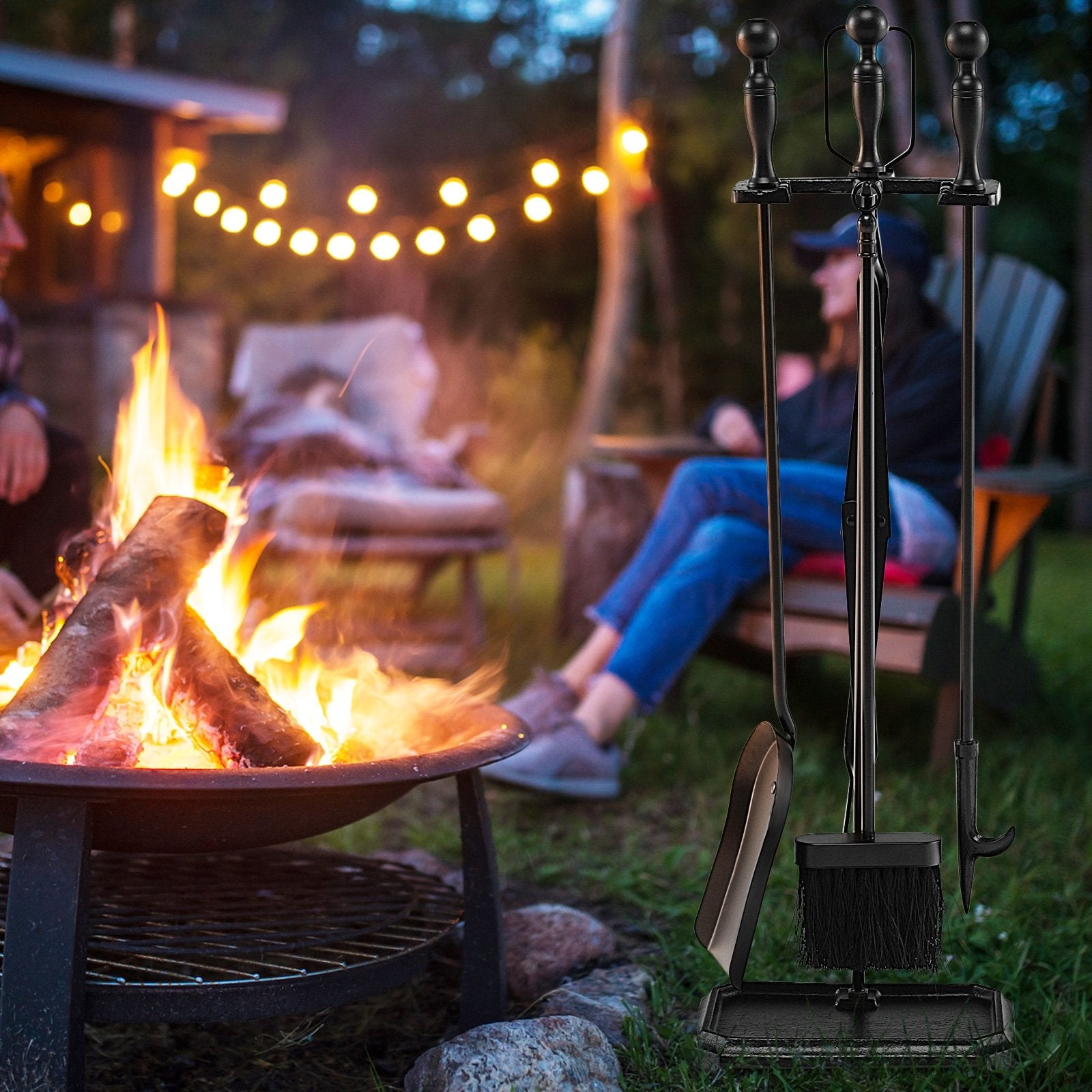 5-Piece Fireplace Tool Set with Tong Brush Shovel Poker Stand, Black Fireplace Tools   at Gallery Canada