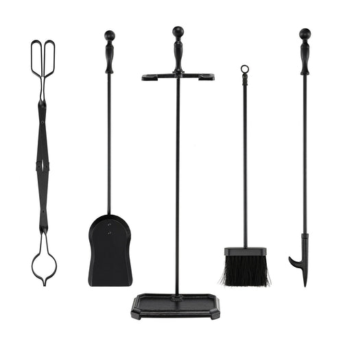 5-Piece Fireplace Tool Set with Tong Brush Shovel Poker Stand, Black