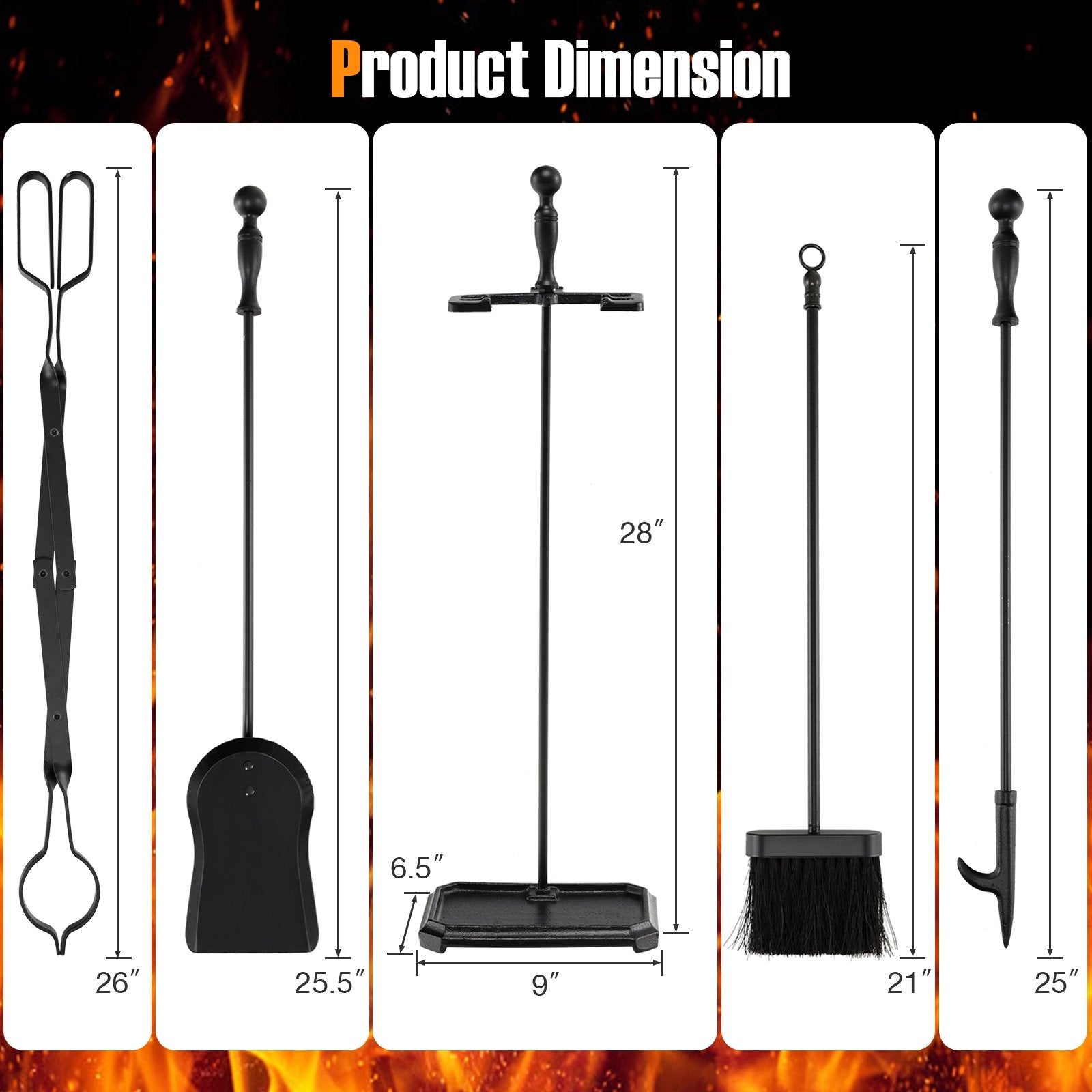 5-Piece Fireplace Tool Set with Tong Brush Shovel Poker Stand, Black Fireplace Tools   at Gallery Canada