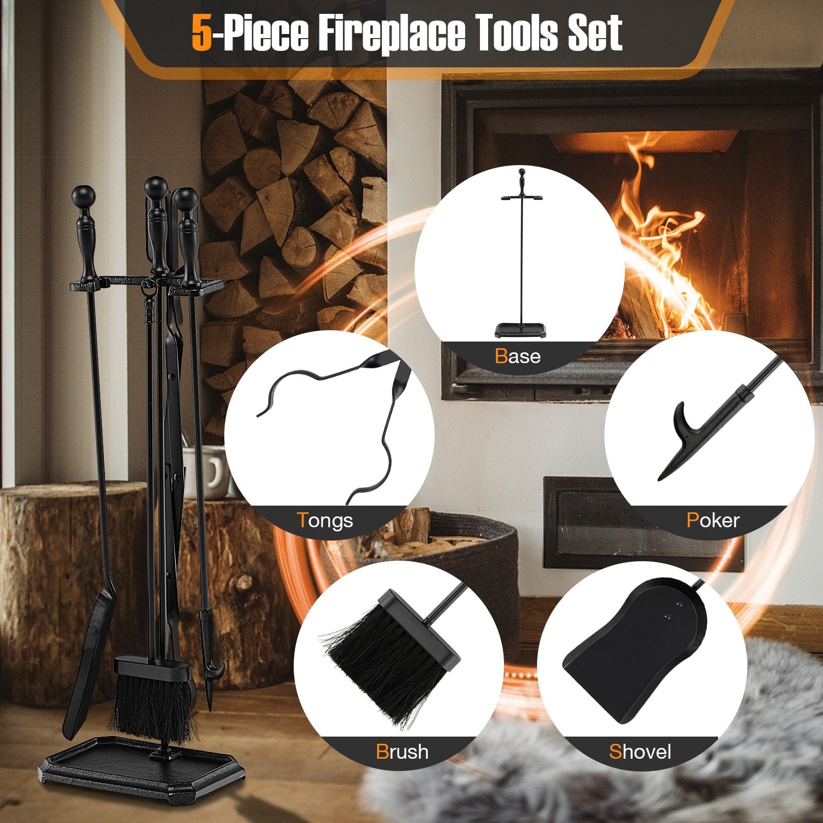 5-Piece Fireplace Tool Set with Tong Brush Shovel Poker Stand, Black Fireplace Tools   at Gallery Canada