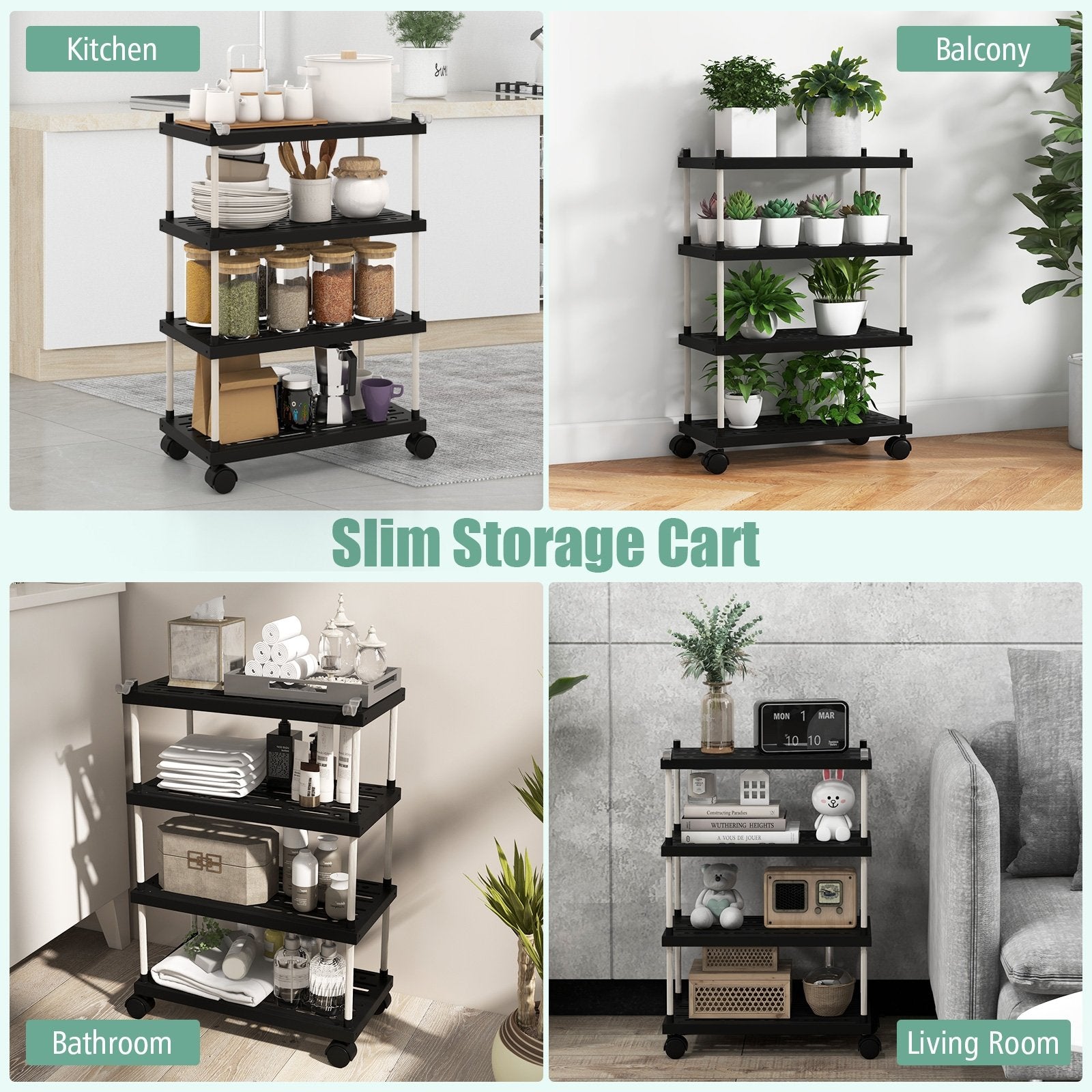 4-Tier Kitchen Slim Storage Cart with Lockable Wheels, Black Kitchen Islands & Carts   at Gallery Canada