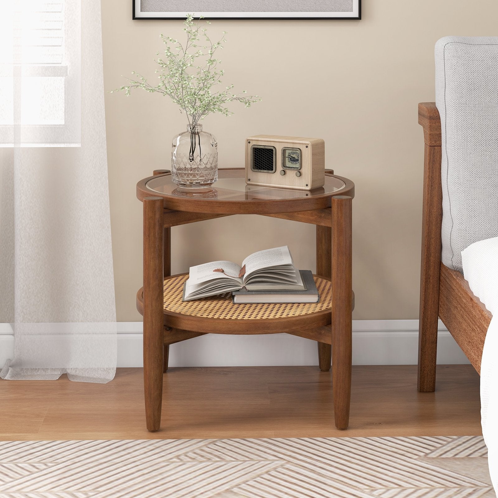 Rattan Round Side End Table with Tempered Glass Tabletop, Brown End & Side Tables   at Gallery Canada