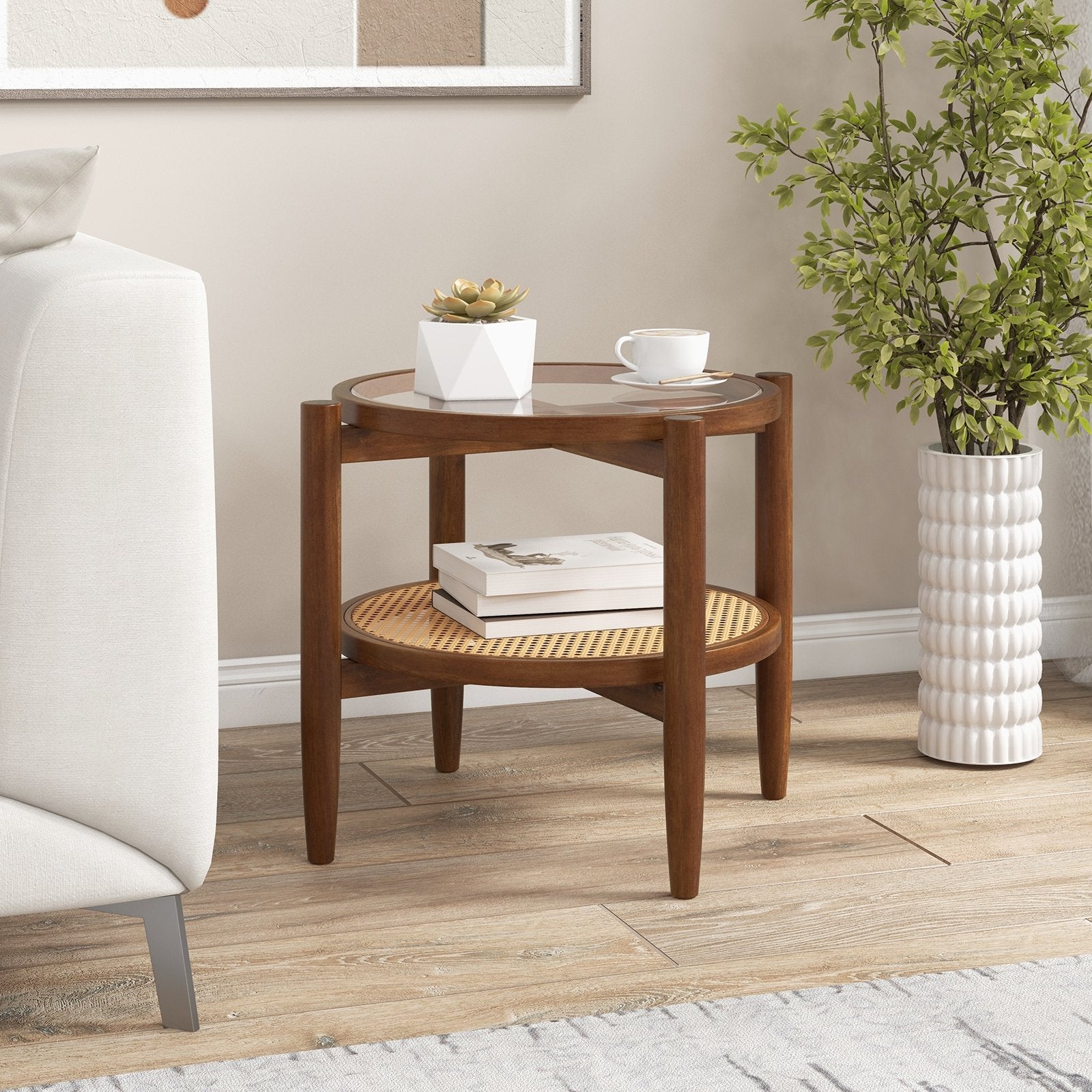 Rattan Round Side End Table with Tempered Glass Tabletop, Brown End & Side Tables   at Gallery Canada