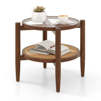 Rattan Round Side End Table with Tempered Glass Tabletop, Brown End & Side Tables   at Gallery Canada