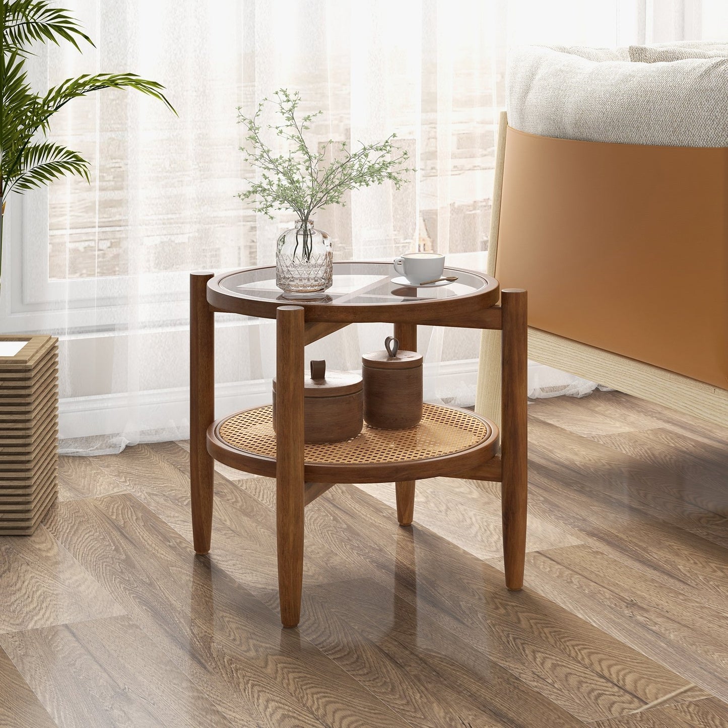 Rattan Round Side End Table with Tempered Glass Tabletop, Brown End & Side Tables   at Gallery Canada