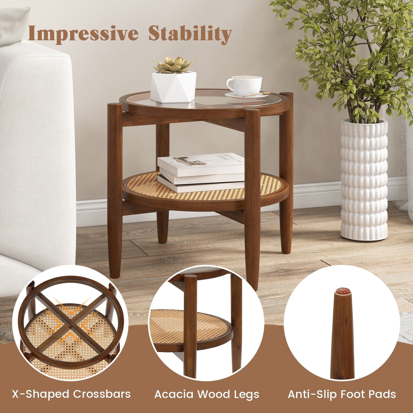 Rattan Round Side End Table with Tempered Glass Tabletop, Brown End & Side Tables   at Gallery Canada