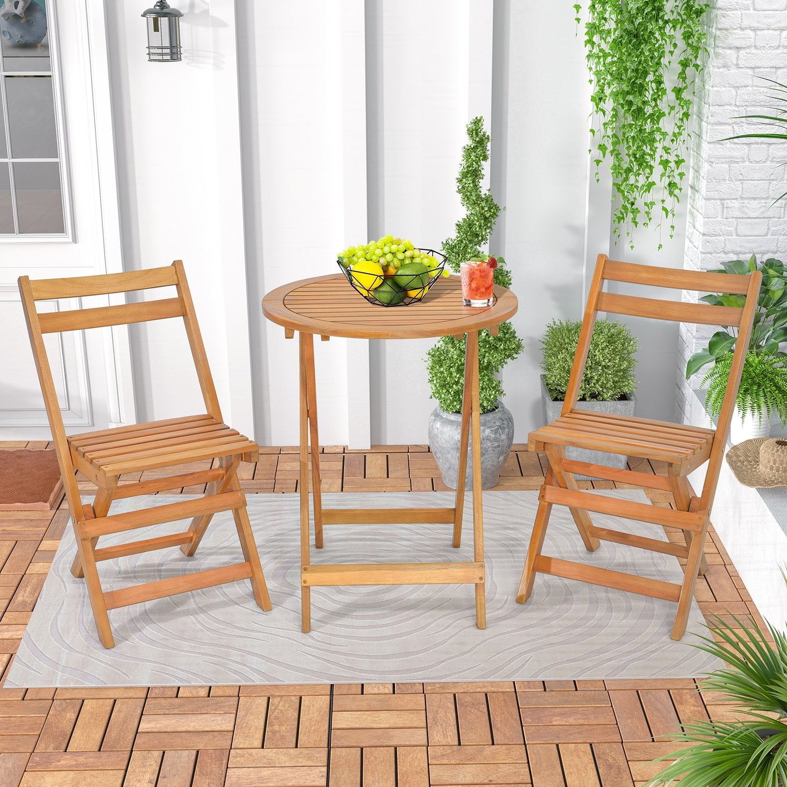 3 Pieces Folding Patio Bistro Set with Slatted Tabletop, Natural Patio Conversation Sets   at Gallery Canada