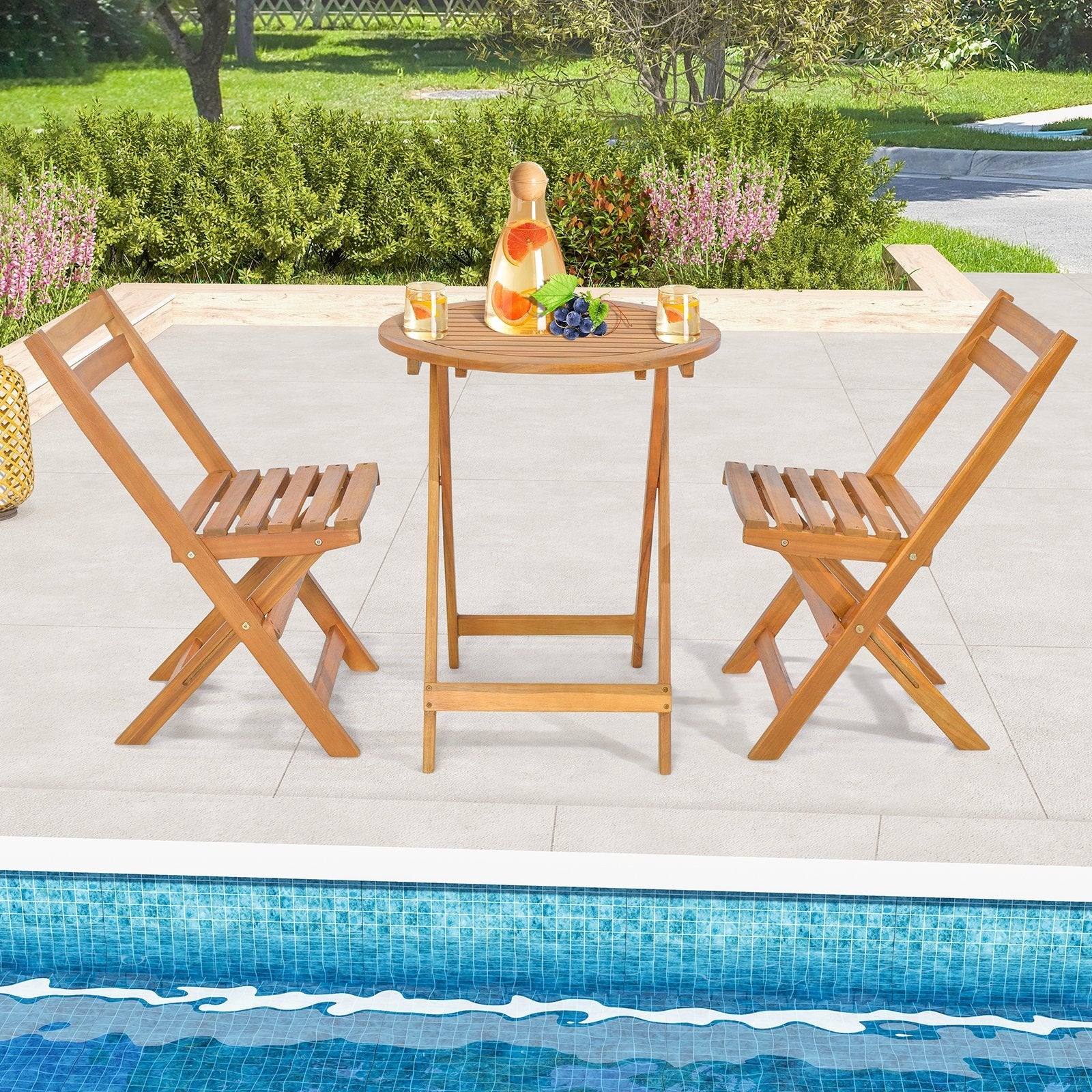 3 Pieces Folding Patio Bistro Set with Slatted Tabletop, Natural Patio Conversation Sets   at Gallery Canada