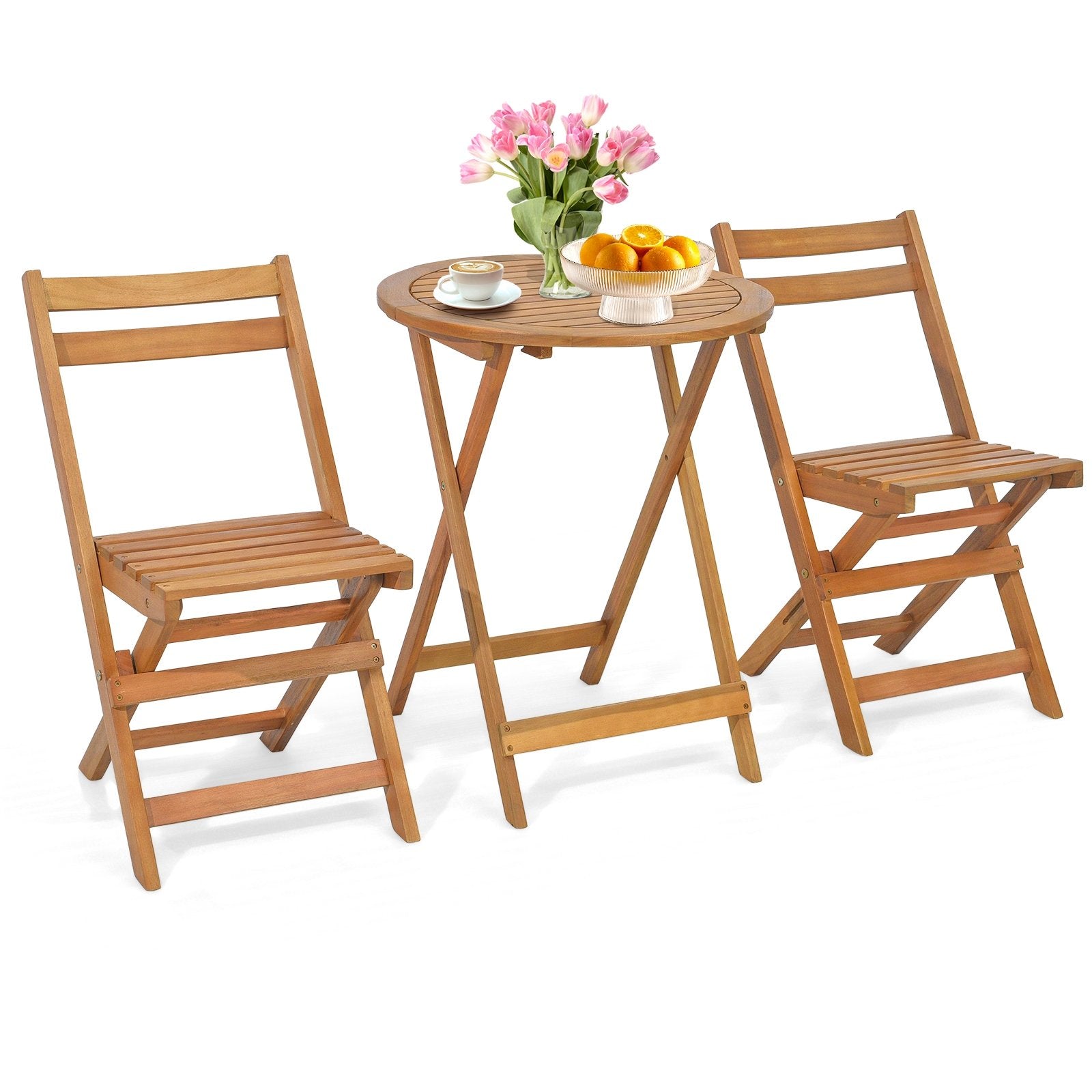 3 Pieces Folding Patio Bistro Set with Slatted Tabletop, Natural Patio Conversation Sets   at Gallery Canada