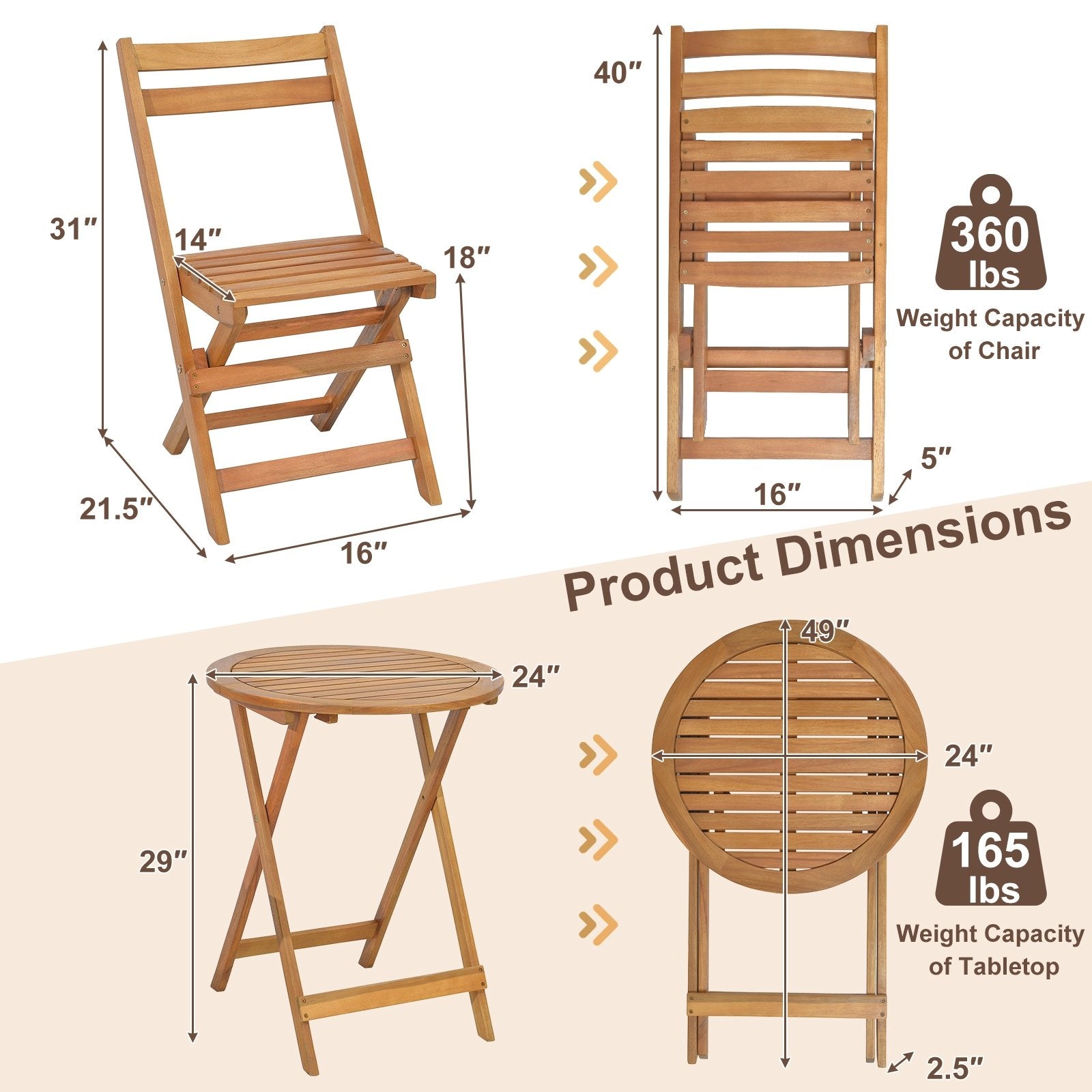 3 Pieces Folding Patio Bistro Set with Slatted Tabletop, Natural Patio Conversation Sets   at Gallery Canada