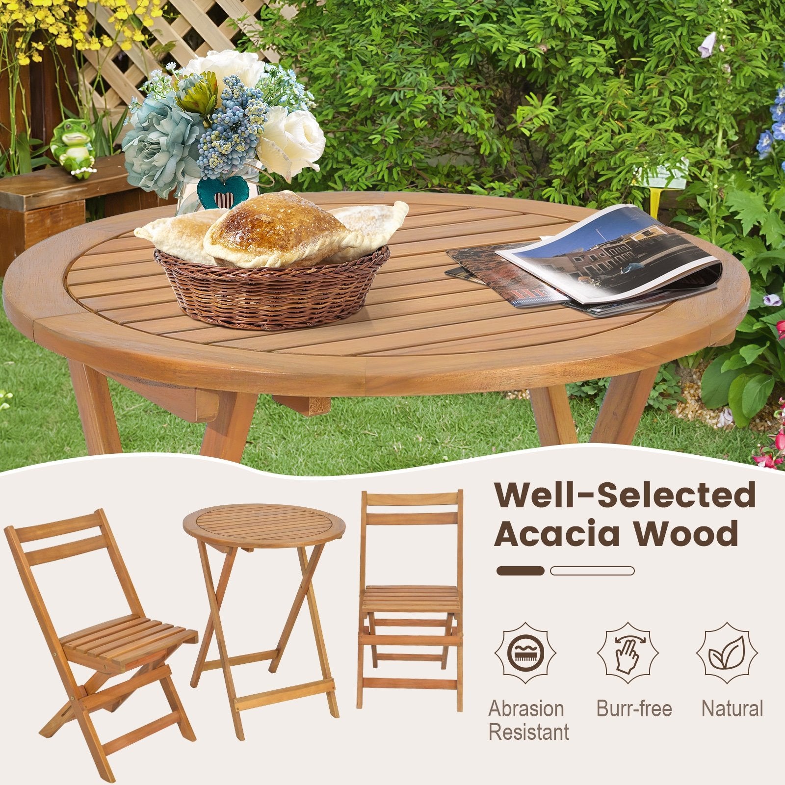 3 Pieces Folding Patio Bistro Set with Slatted Tabletop, Natural Patio Conversation Sets   at Gallery Canada