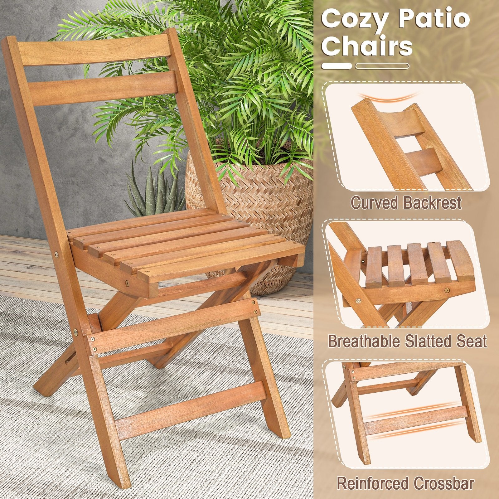 3 Pieces Folding Patio Bistro Set with Slatted Tabletop, Natural Patio Conversation Sets   at Gallery Canada