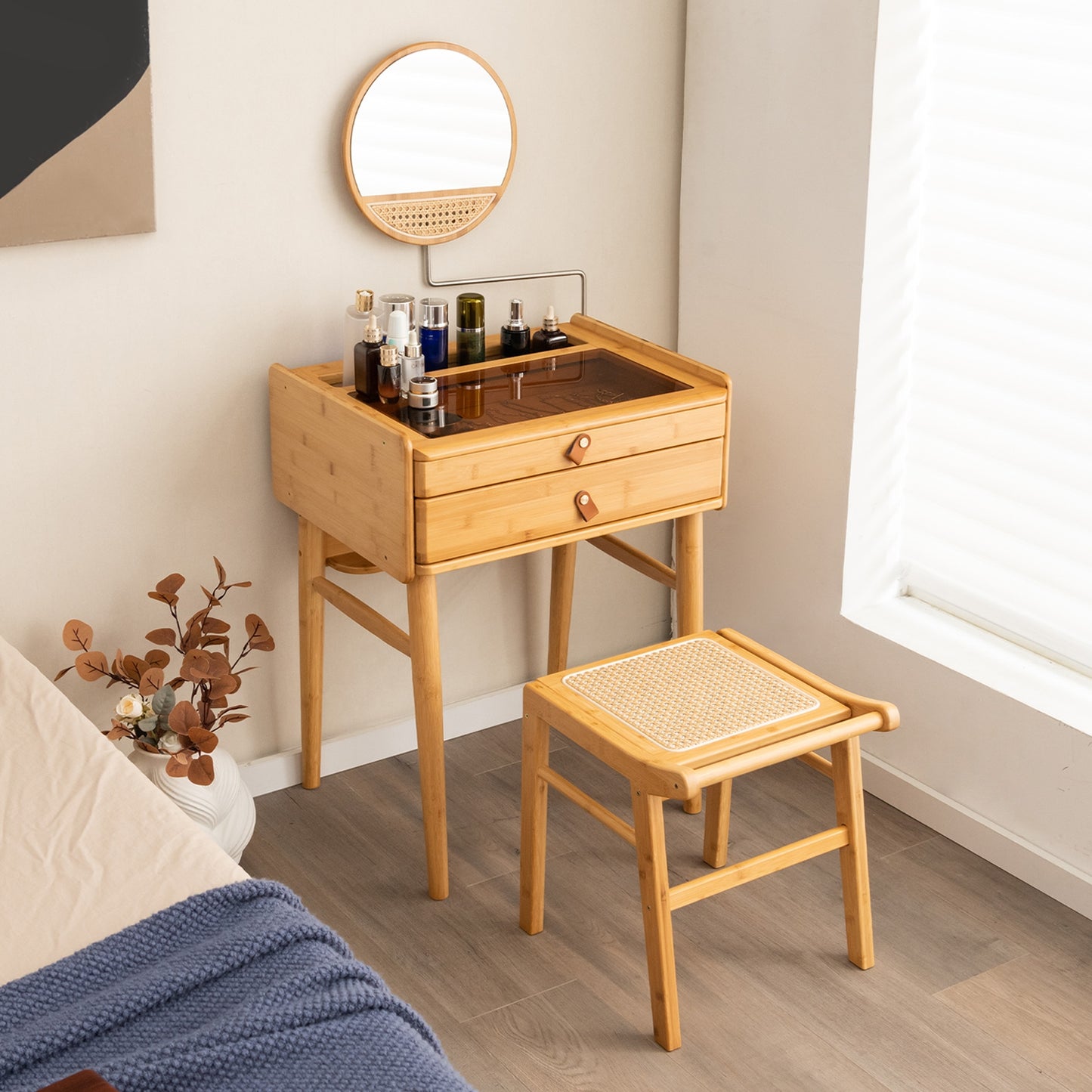 Bamboo Makeup Vanity Table with Mirror with 2 Storage Drawers, Natural Makeup Vanities   at Gallery Canada