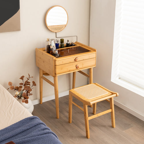 Bamboo Makeup Vanity Table with Mirror with 2 Storage Drawers, Natural