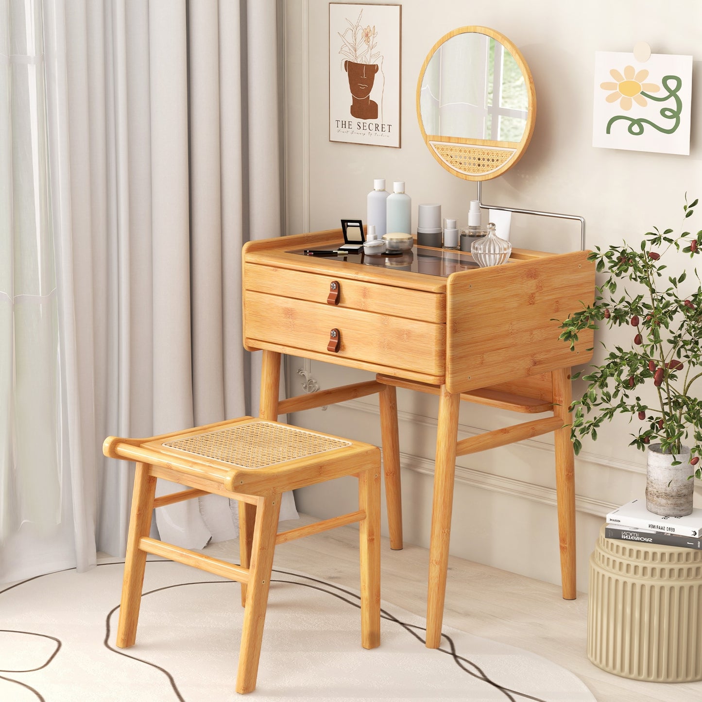 Bamboo Makeup Vanity Table with Mirror with 2 Storage Drawers, Natural Makeup Vanities   at Gallery Canada