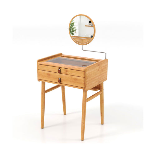 Bamboo Makeup Vanity Table with Mirror with 2 Storage Drawers, Natural