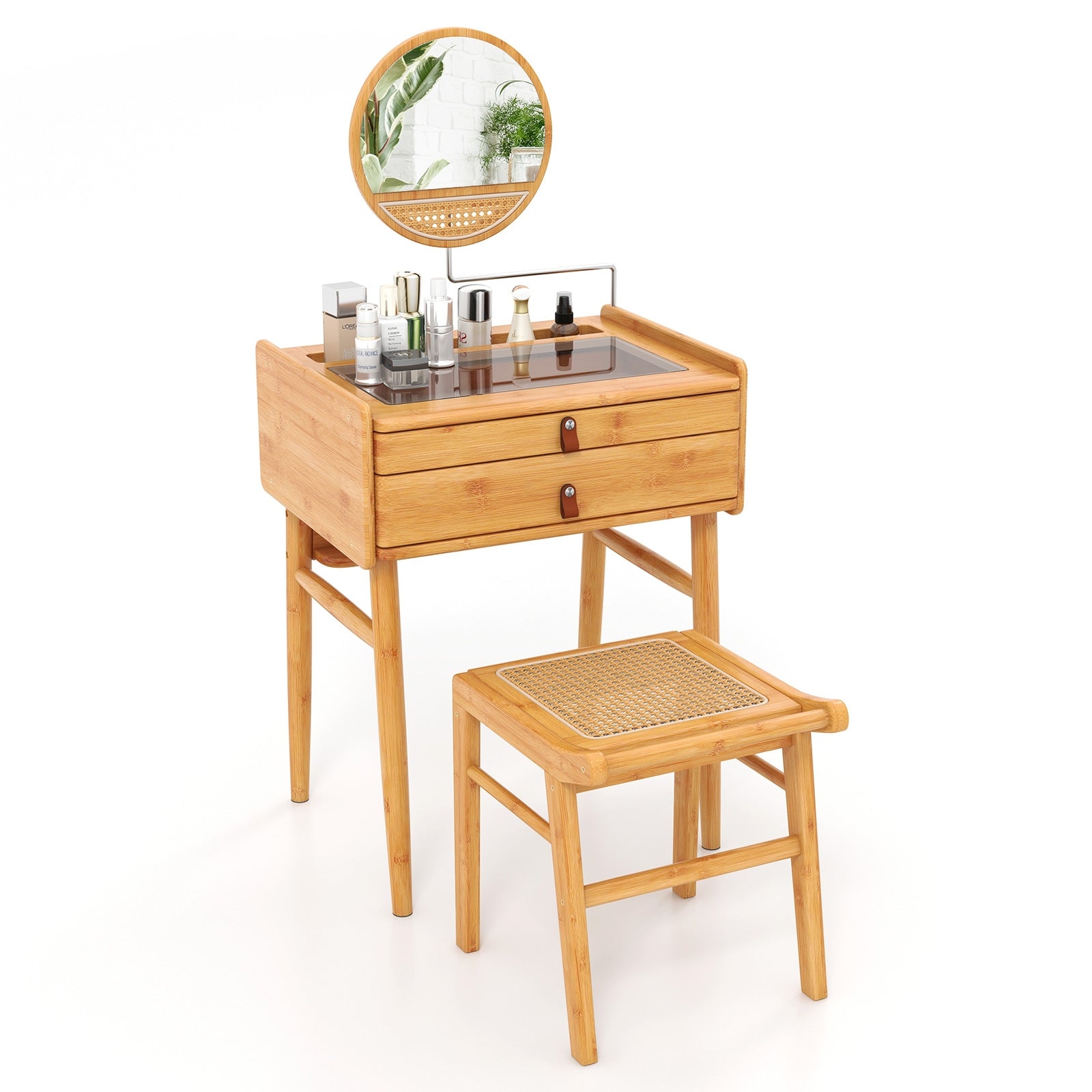 Bamboo Makeup Vanity Table with Mirror with 2 Storage Drawers, Natural Makeup Vanities   at Gallery Canada