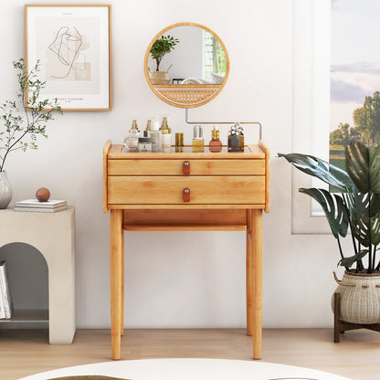 Bamboo Makeup Vanity Table with Mirror with 2 Storage Drawers, Natural Makeup Vanities   at Gallery Canada