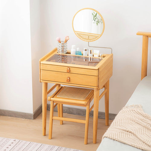 Bamboo Makeup Vanity Table with Stool and Rotating Mirror, Natural