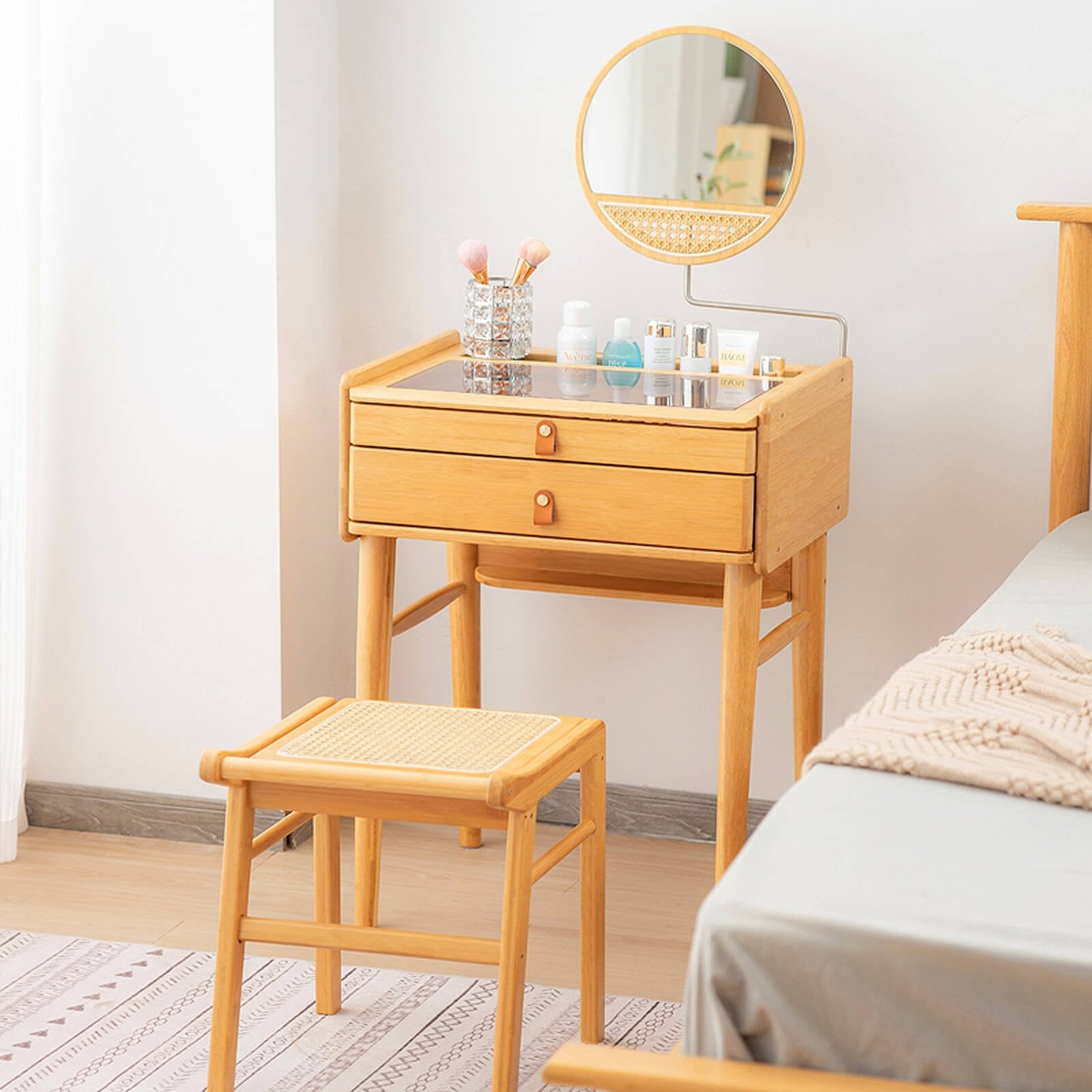 Bamboo Makeup Vanity Table with Stool and Rotating Mirror, Natural Makeup Vanities   at Gallery Canada