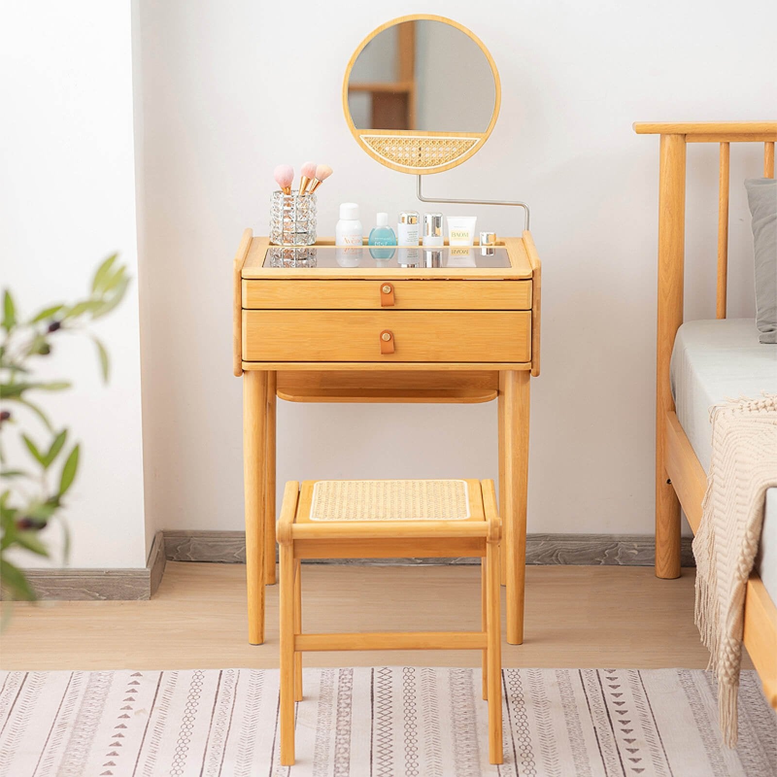 Bamboo Makeup Vanity Table with Stool and Rotating Mirror, Natural Makeup Vanities   at Gallery Canada