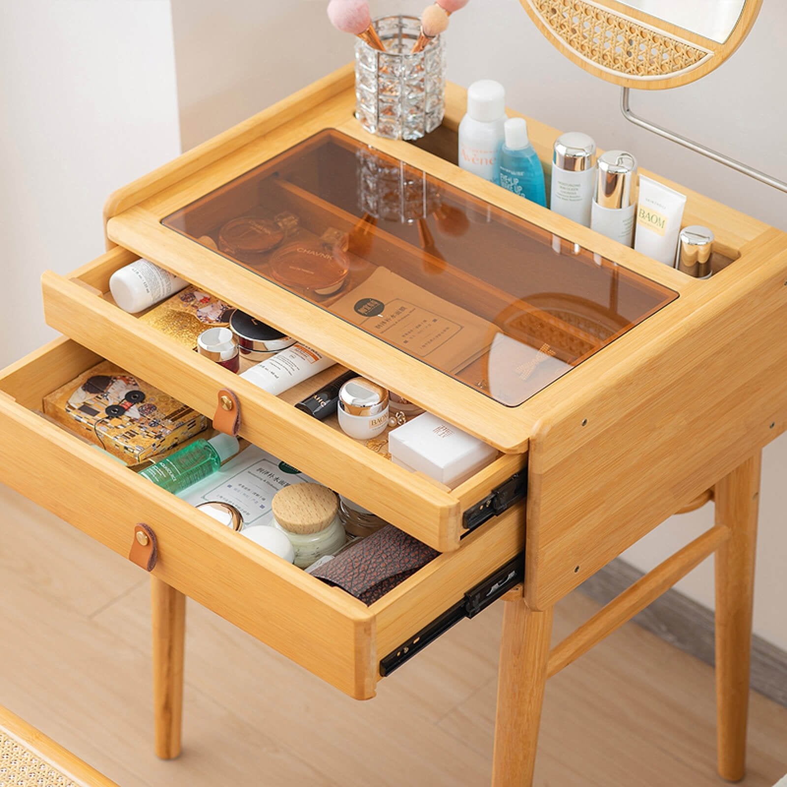 Bamboo Makeup Vanity Table with Stool and Rotating Mirror, Natural Makeup Vanities   at Gallery Canada