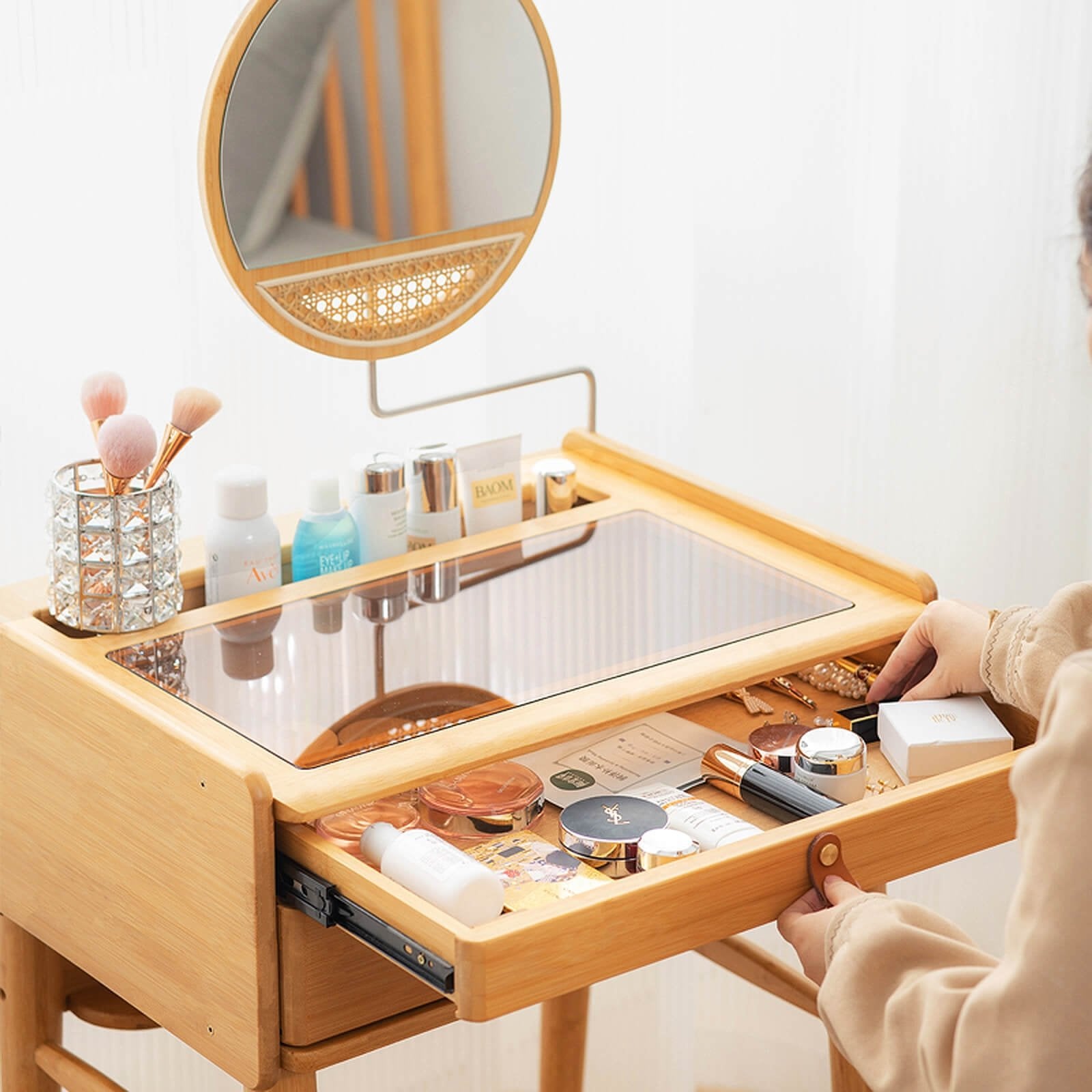 Bamboo Makeup Vanity Table with Stool and Rotating Mirror, Natural Makeup Vanities   at Gallery Canada