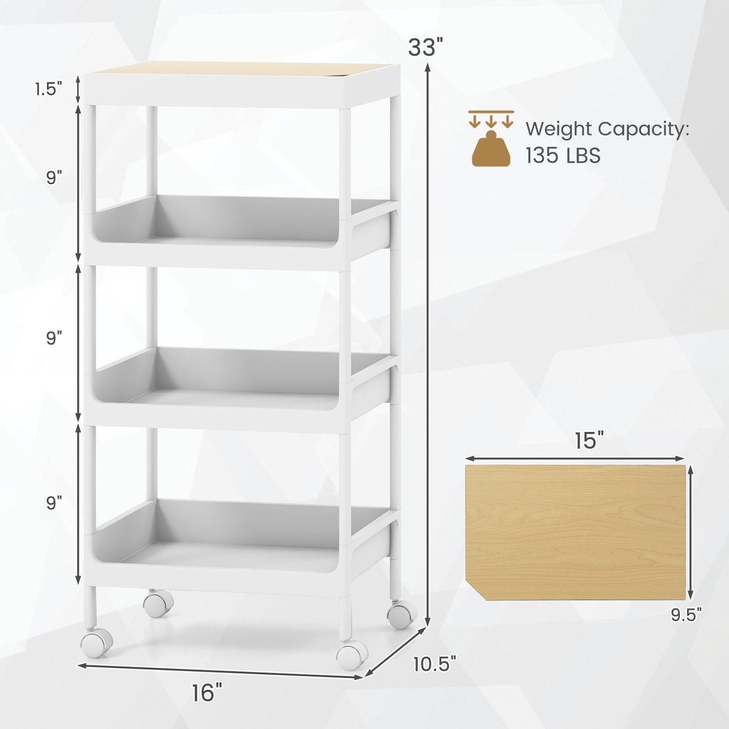 3/4 Tier Utility Rolling Cart with Detachable Tray Top and Locking Wheels-4-Tier, White Kitchen Islands & Carts   at Gallery Canada