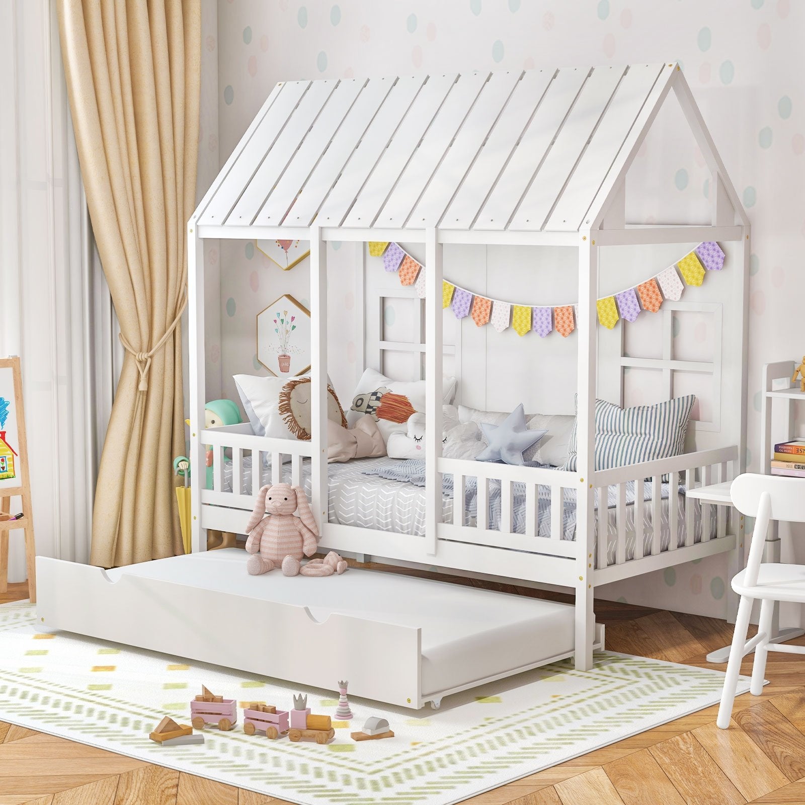 Twin Size Bed Frame House Bed with Trundle and 82 Inch Tall Roof, White Toddler Beds   at Gallery Canada