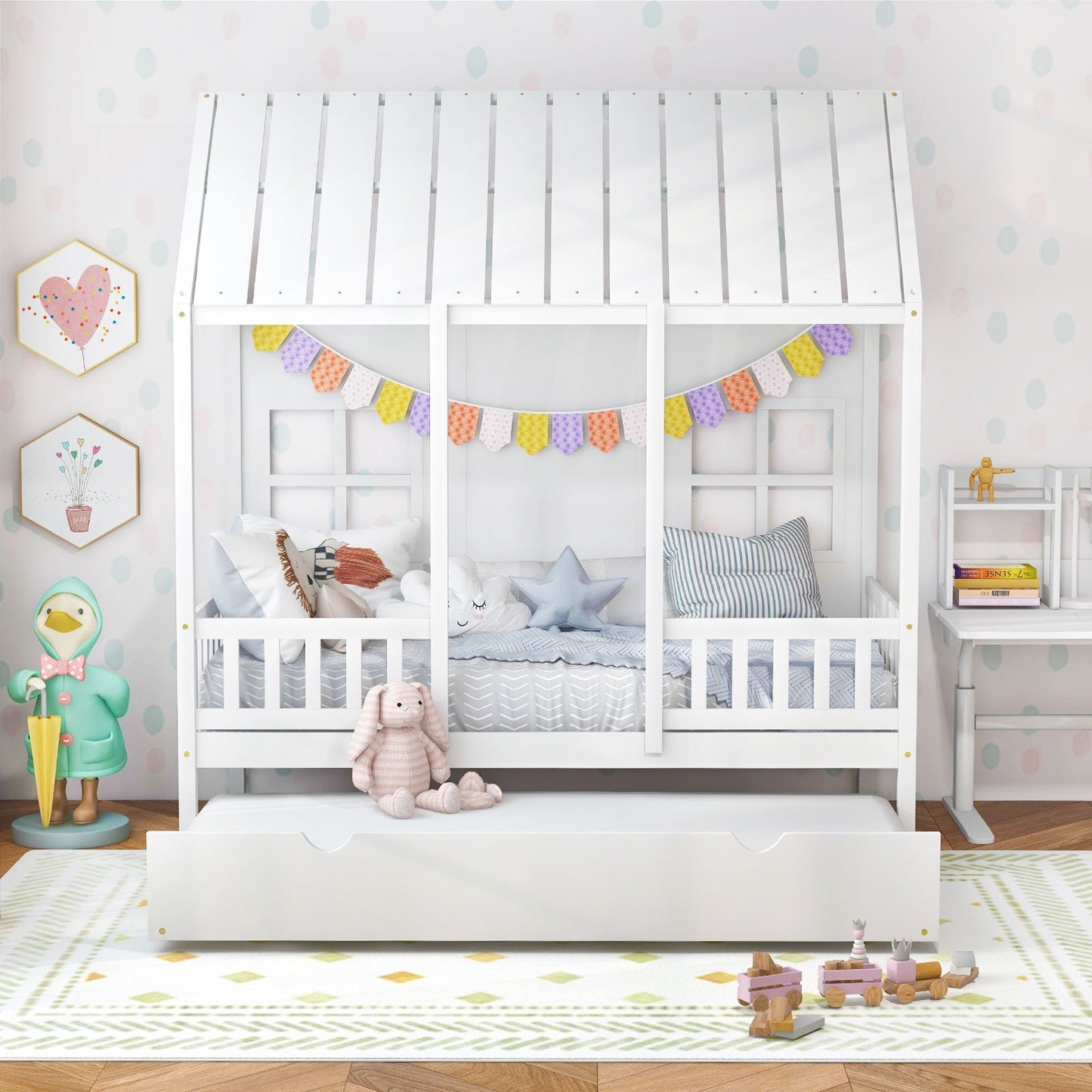 Twin Size Bed Frame House Bed with Trundle and 82 Inch Tall Roof, White Toddler Beds   at Gallery Canada