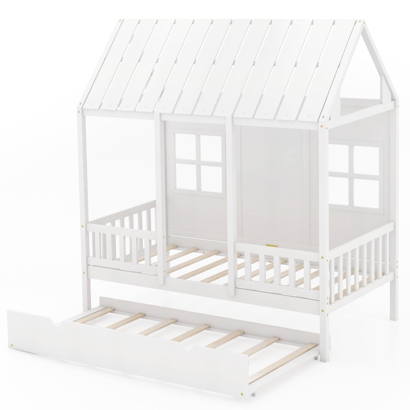 Twin Size Bed Frame House Bed with Trundle and 82 Inch Tall Roof, White Toddler Beds   at Gallery Canada