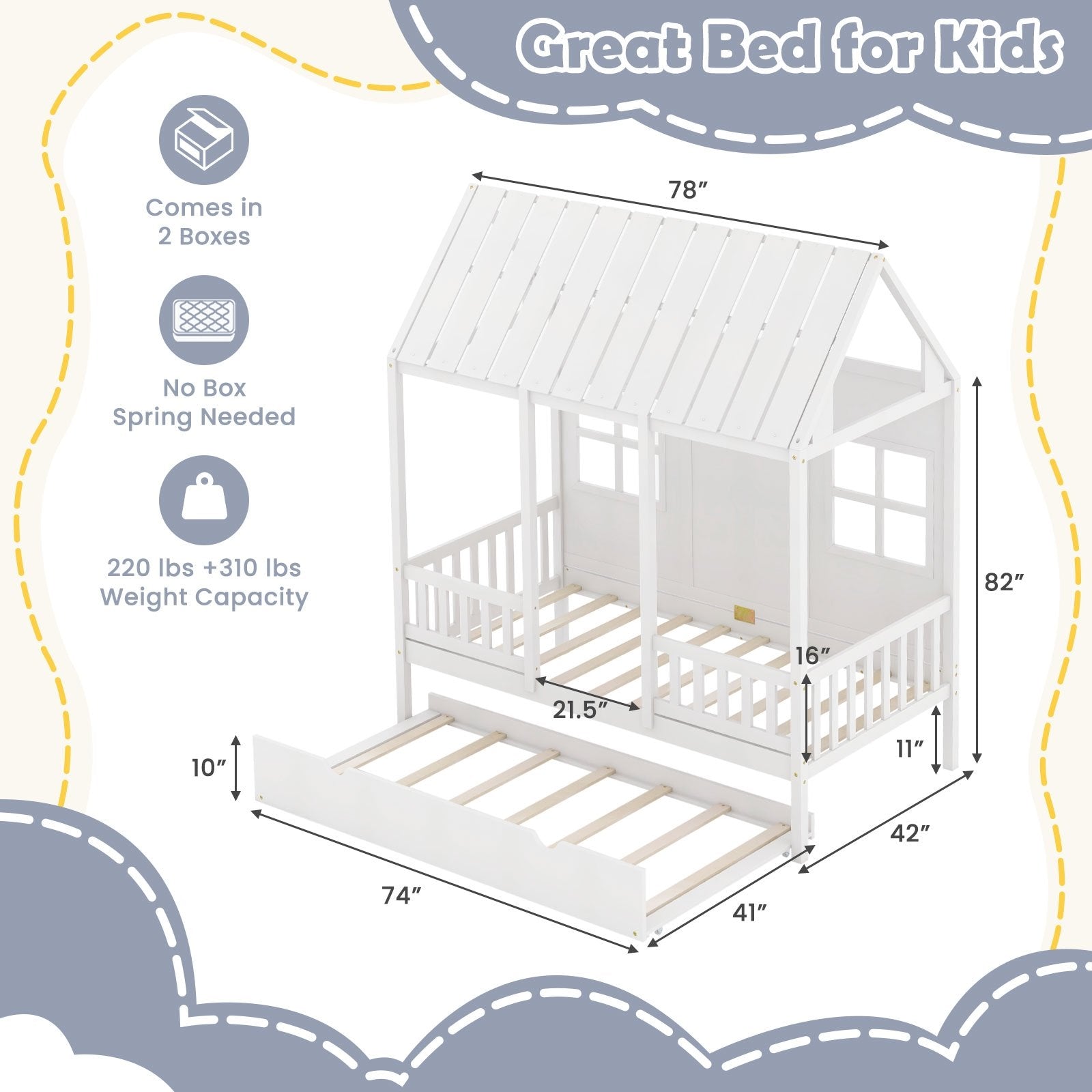 Twin Size Bed Frame House Bed with Trundle and 82 Inch Tall Roof, White Toddler Beds   at Gallery Canada