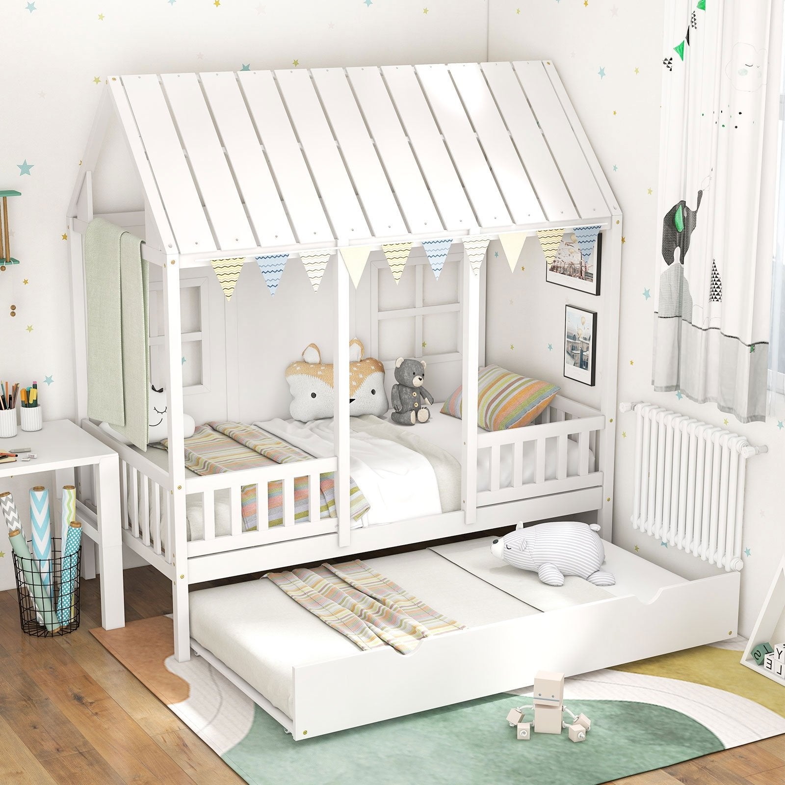 Twin Size Bed Frame House Bed with Trundle and 82 Inch Tall Roof, White Toddler Beds   at Gallery Canada