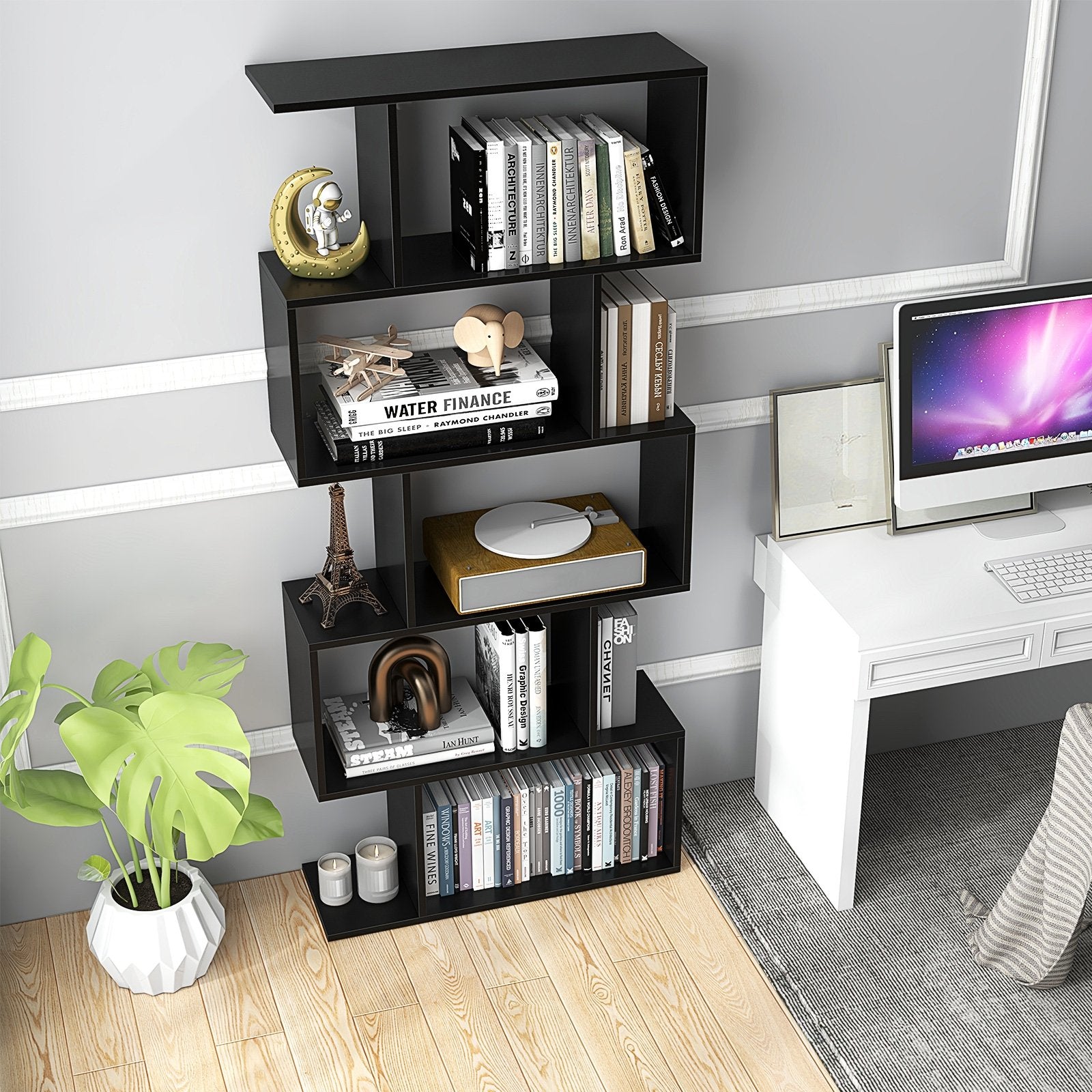 5-Tier Bookshelf with Anti-Toppling Device for Living Room Home Office, Black Bookcases   at Gallery Canada