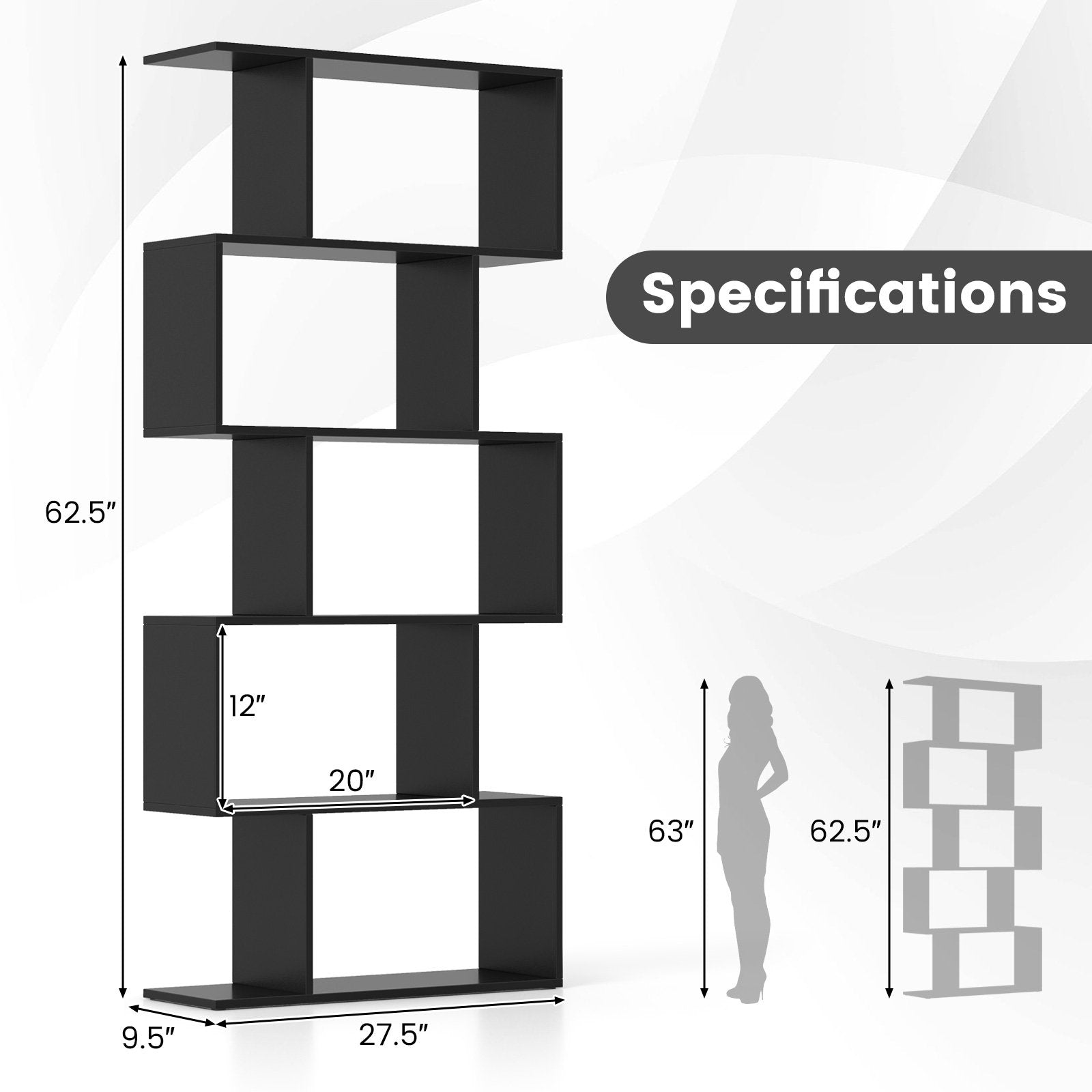 5-Tier Bookshelf with Anti-Toppling Device for Living Room Home Office, Black Bookcases   at Gallery Canada