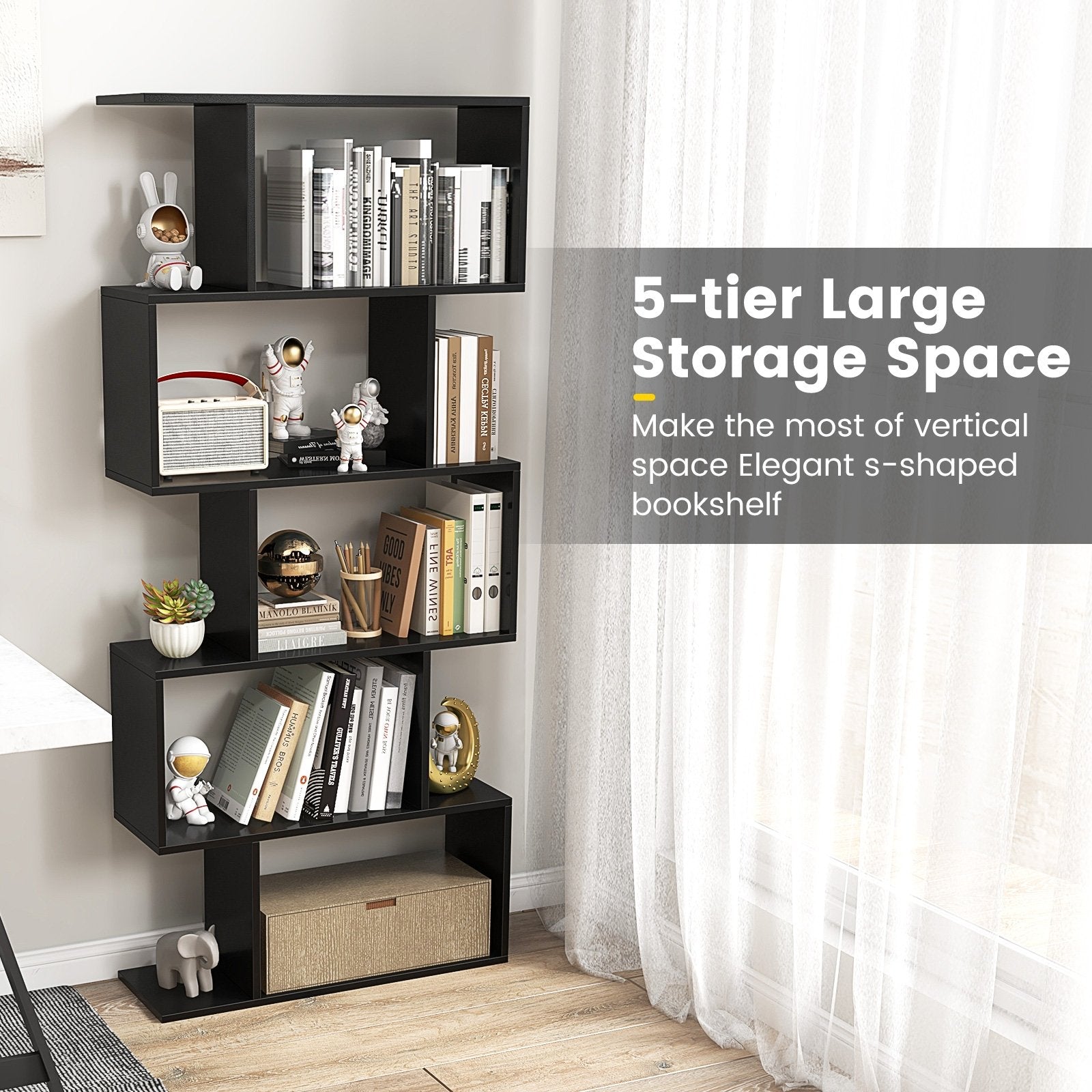 5-Tier Bookshelf with Anti-Toppling Device for Living Room Home Office, Black Bookcases   at Gallery Canada