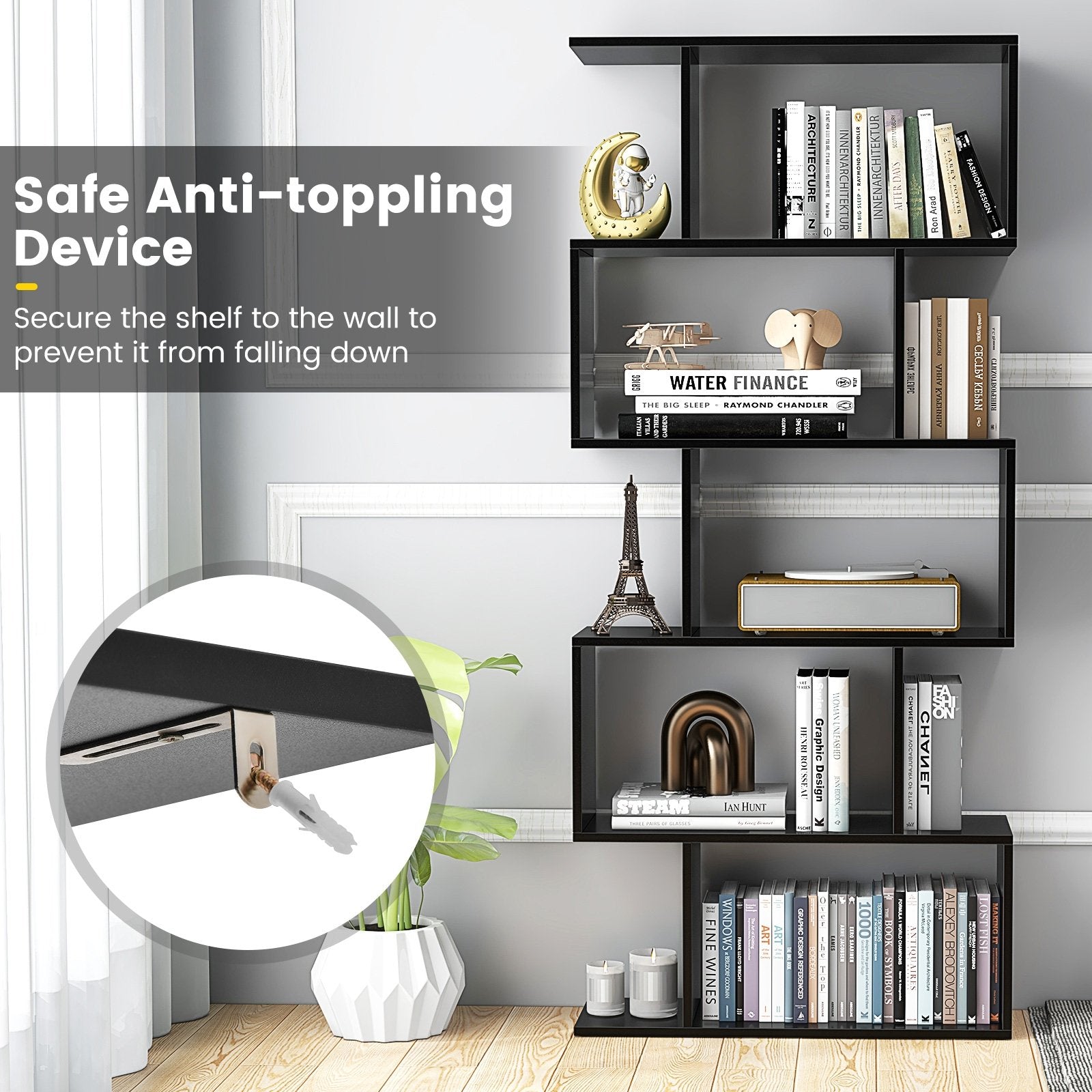 5-Tier Bookshelf with Anti-Toppling Device for Living Room Home Office, Black Bookcases   at Gallery Canada