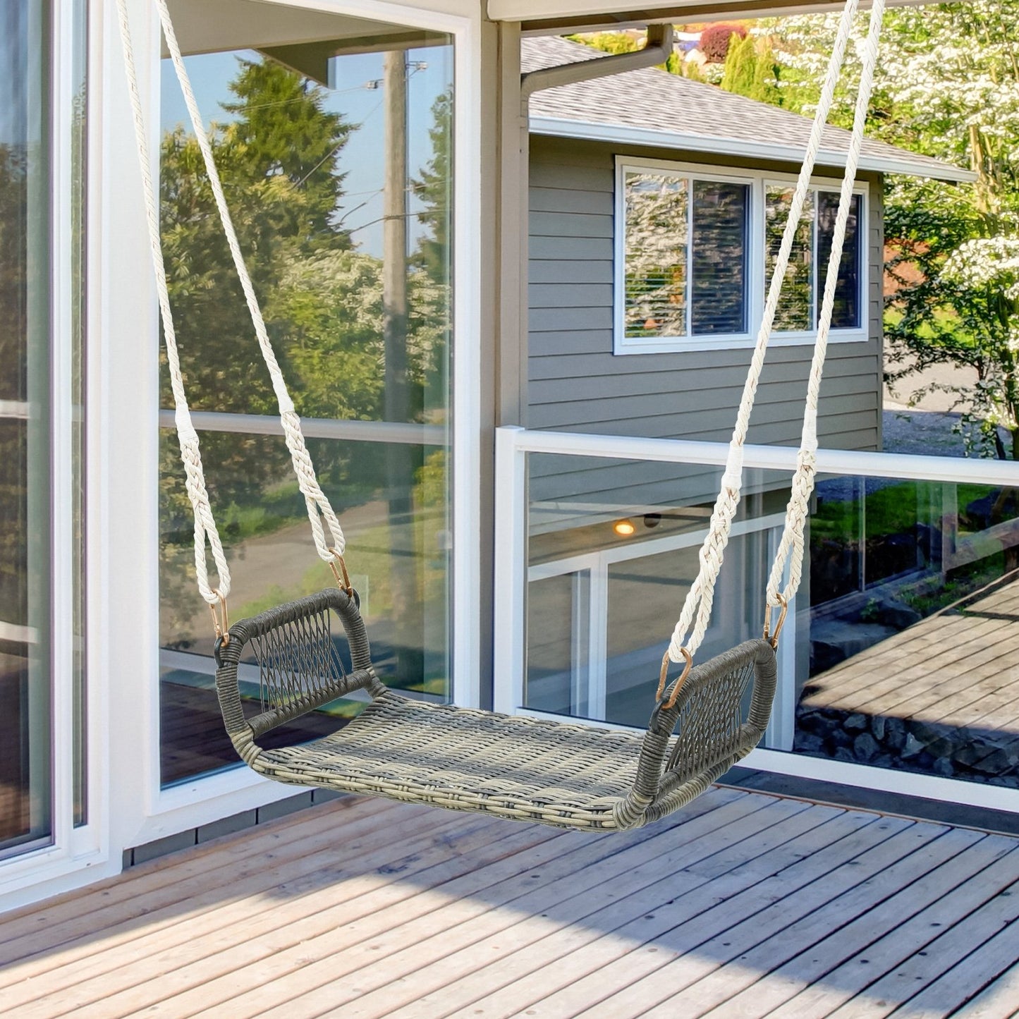 Wicker Porch Swing Seat with Cozy Armrests, Gray Porch Swings   at Gallery Canada