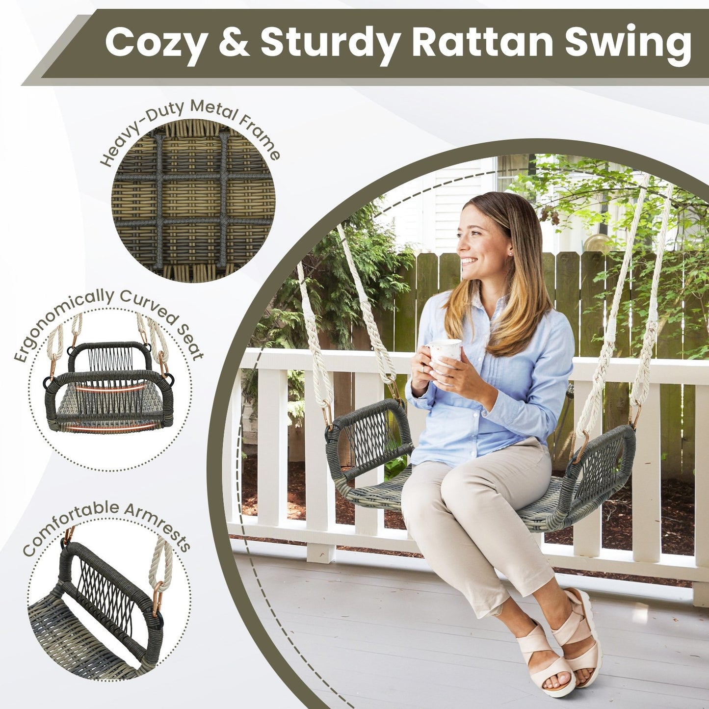 Wicker Porch Swing Seat with Cozy Armrests, Gray Porch Swings   at Gallery Canada