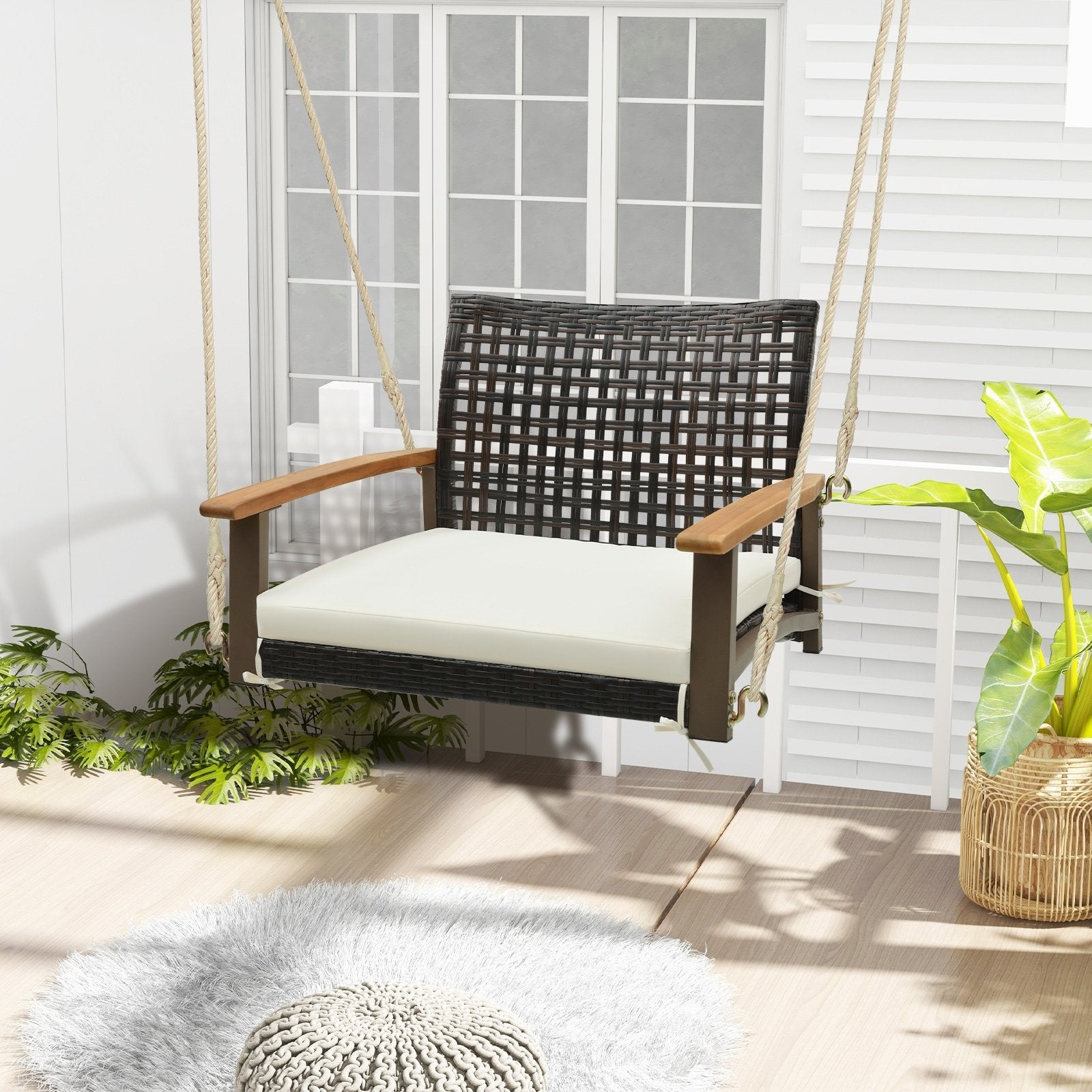 Single Rattan Porch Swing with Armrests Cushion and Hanging Ropes, White Porch Swings   at Gallery Canada