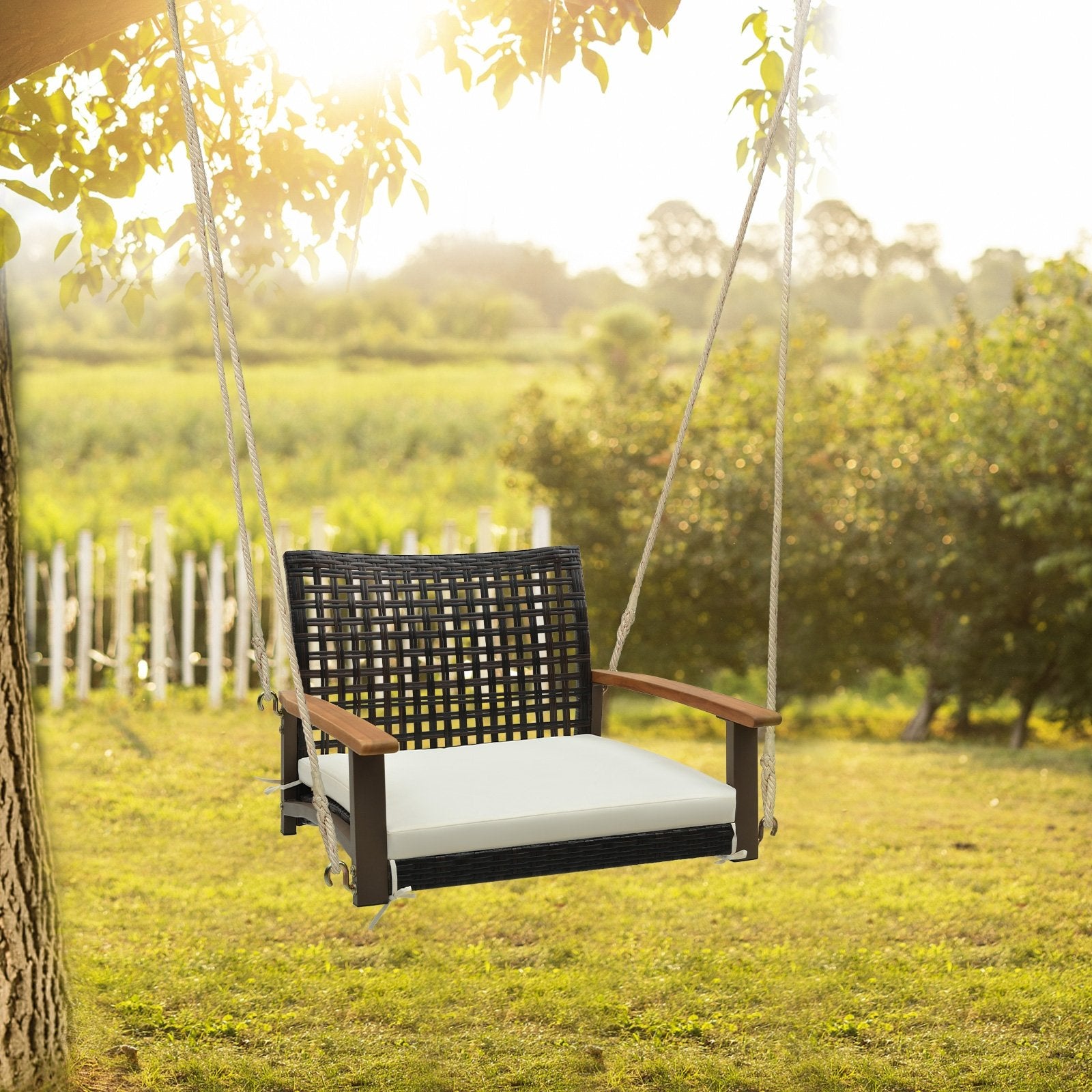 Single Rattan Porch Swing with Armrests Cushion and Hanging Ropes, White Porch Swings   at Gallery Canada