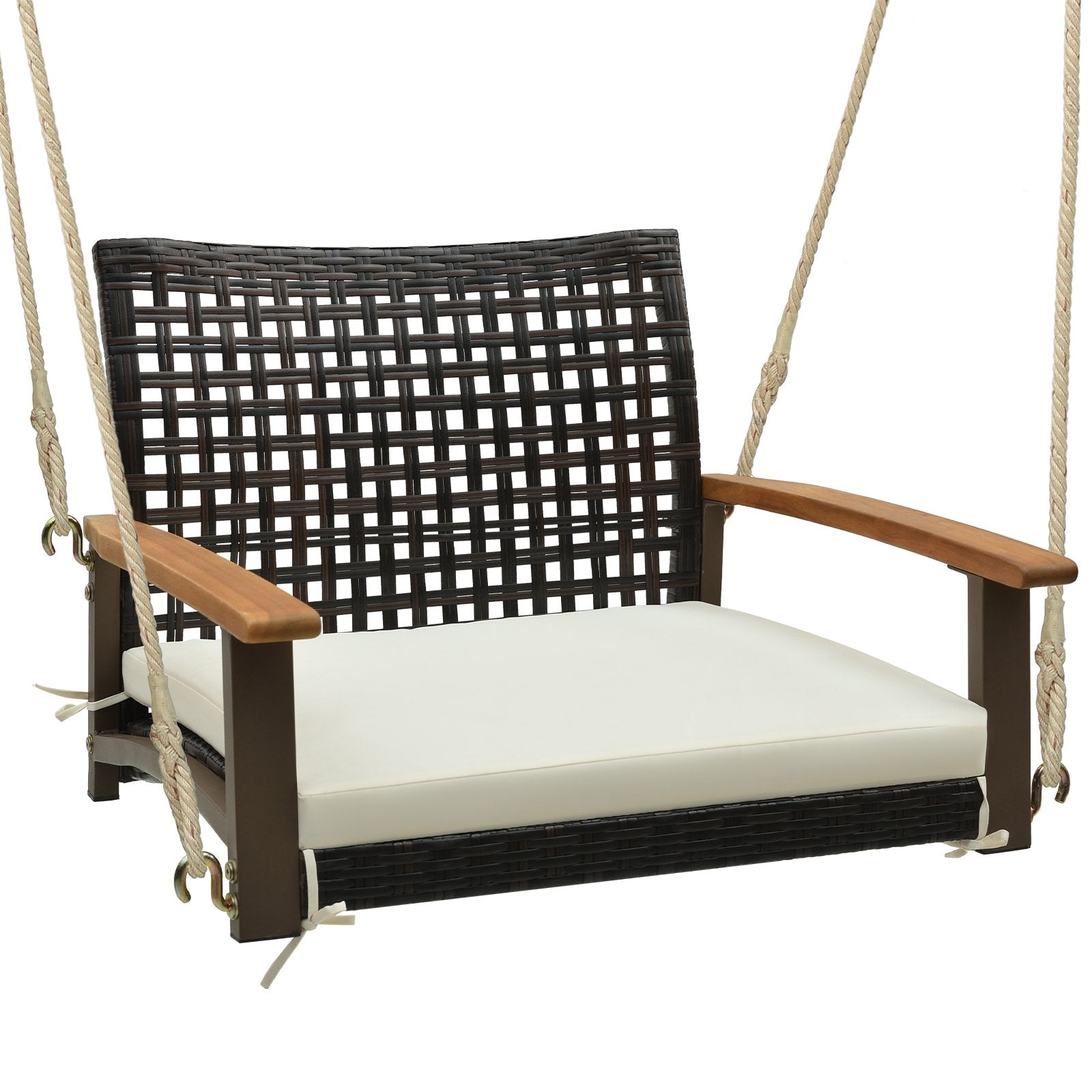 Single Rattan Porch Swing with Armrests Cushion and Hanging Ropes, White Porch Swings   at Gallery Canada