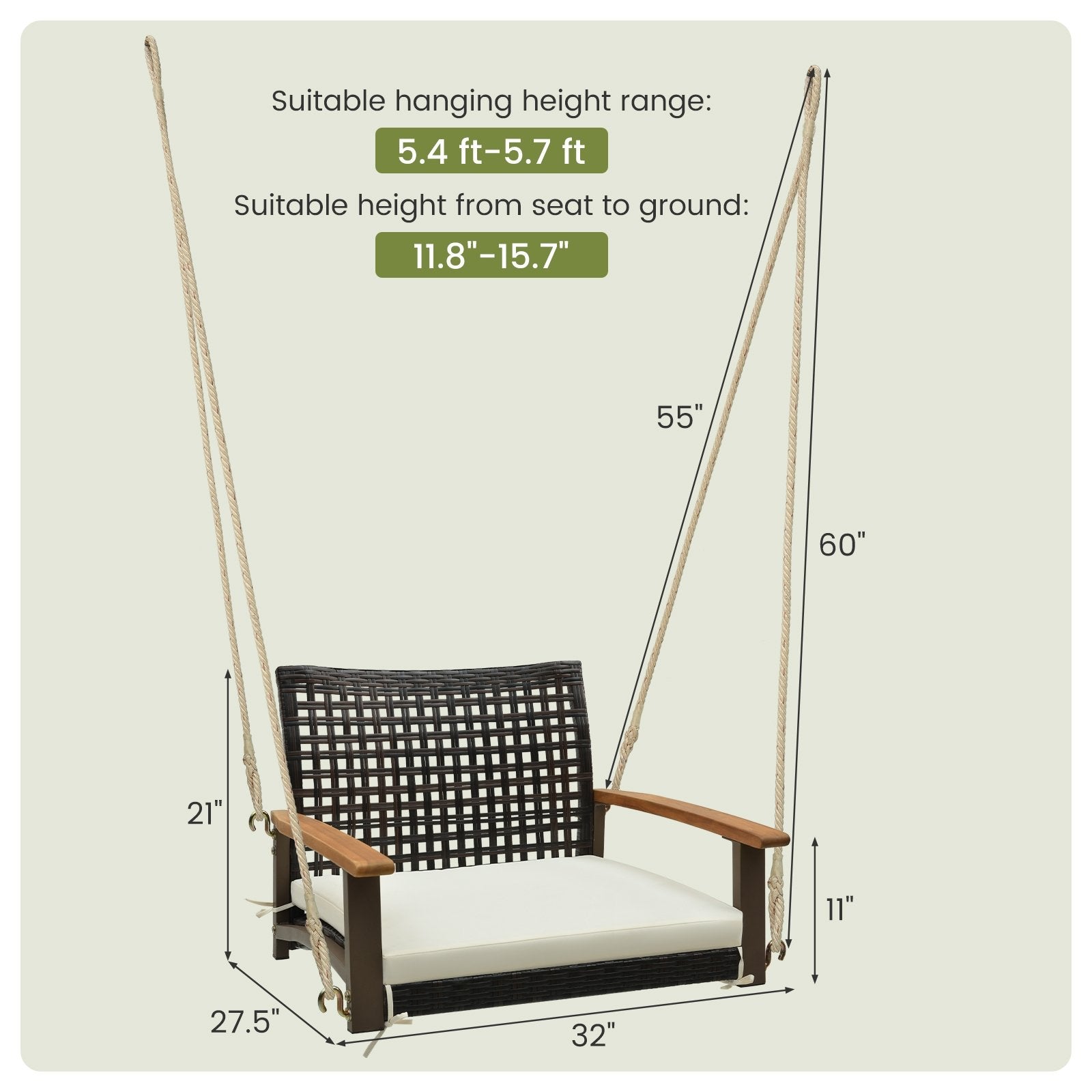 Single Rattan Porch Swing with Armrests Cushion and Hanging Ropes, White Porch Swings   at Gallery Canada