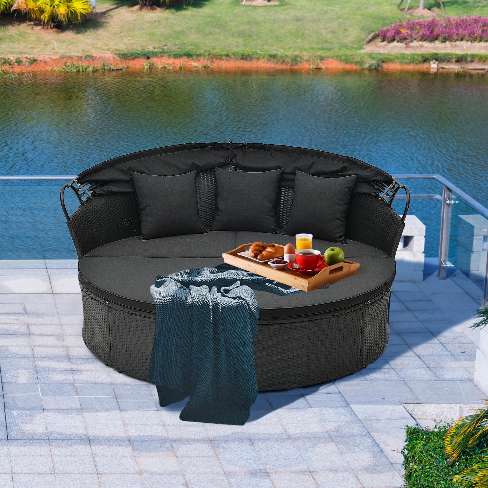 Clamshell Patio Round Daybed Wicker with Retractable Canopy and Pillows, Black Outdoor Sectionals   at Gallery Canada